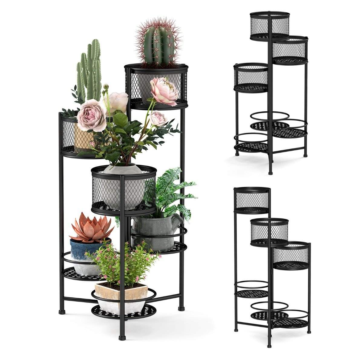 6 etagers metal plantestativ med roterende design blomstertrapper Urtepotteholder Sort