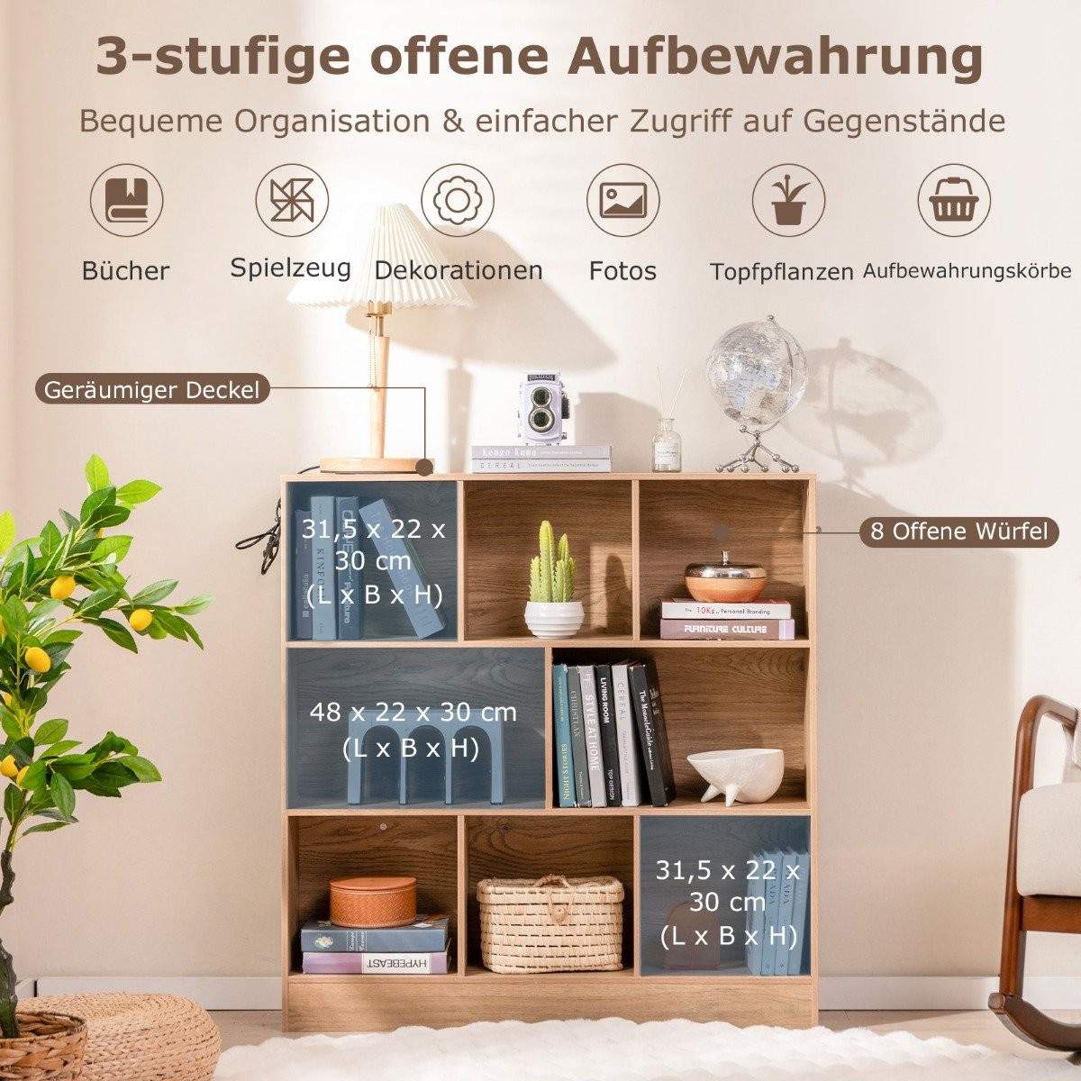 Bokhylla med 8 fack, stående hylla med 3 nivåer, kubhylla, kontorshylla, förvaringshylla, 100 x 24 x 104 cm, natur | Elektronik - Tillbehör Mobil & Surfplatta - Mobiltillbehör - Mobilkablar - Tillbehör | Pryloteket