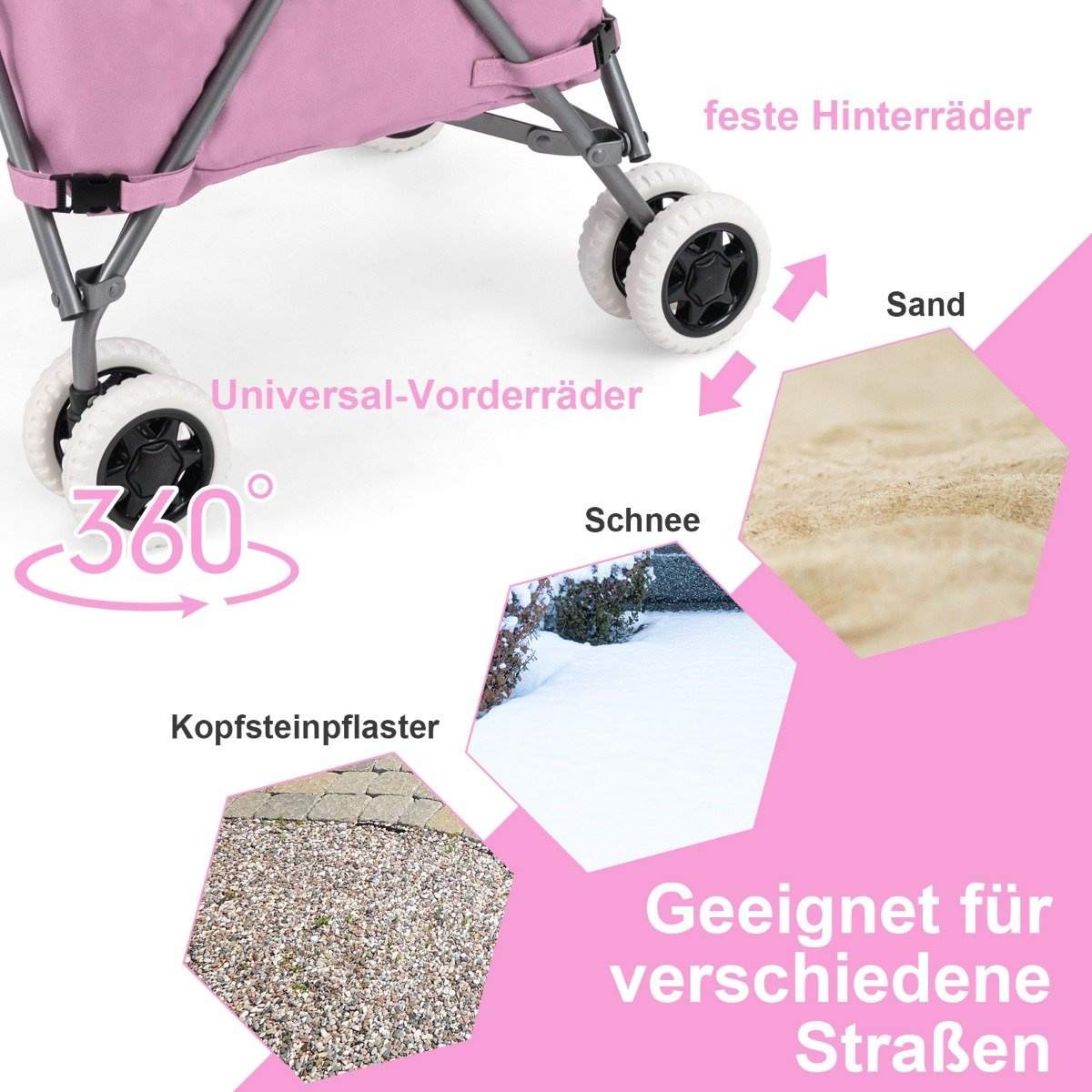 Sammenfoldelig indkøbsvogn med hjul Kapacitet 90L/55 kg Håndvogn med aftagelig Oxford-taske Pink