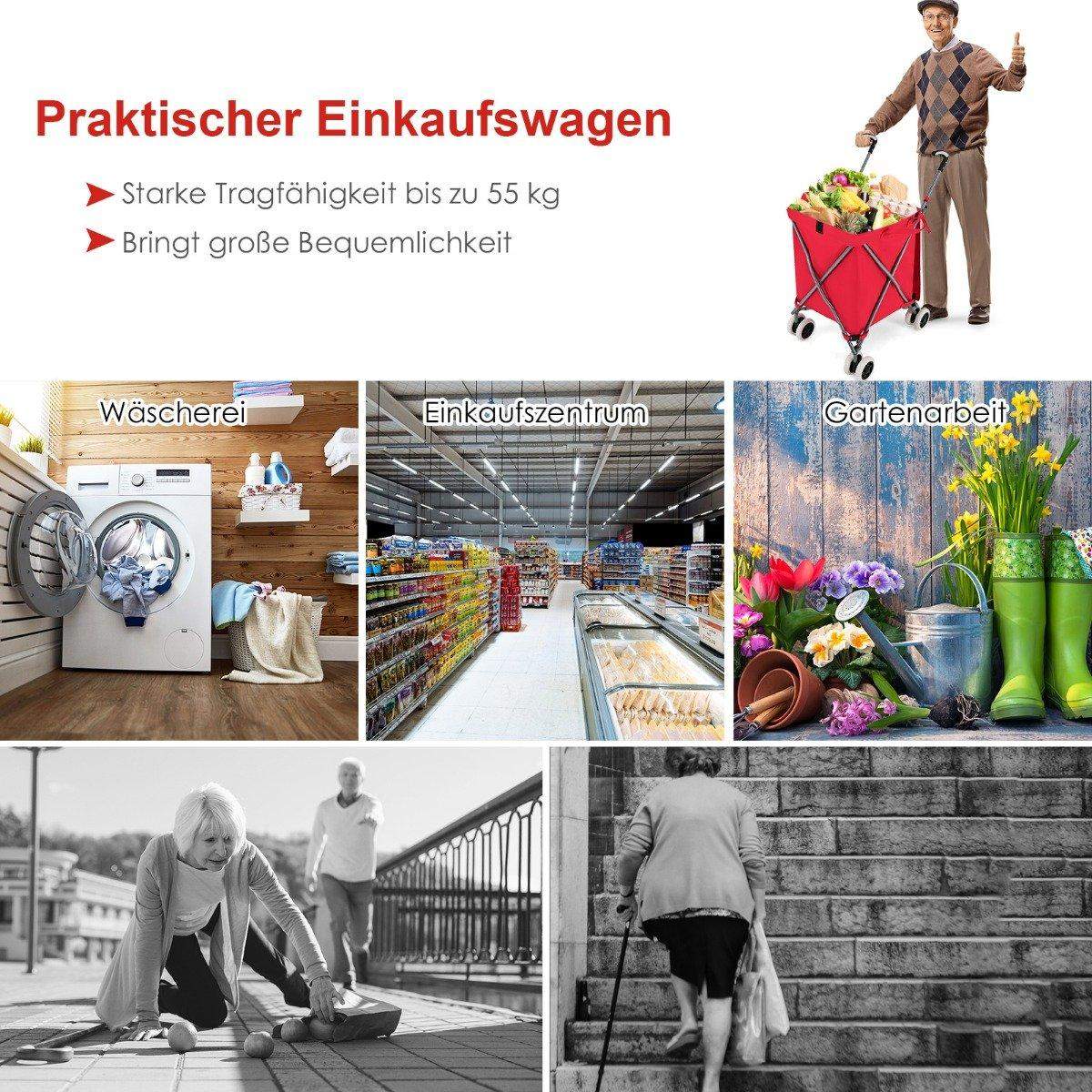 Sammenfoldelig indkøbsvogn med hjul Kapacitet 90L/55 kg Håndvogn med aftagelig Oxford-taske Rød