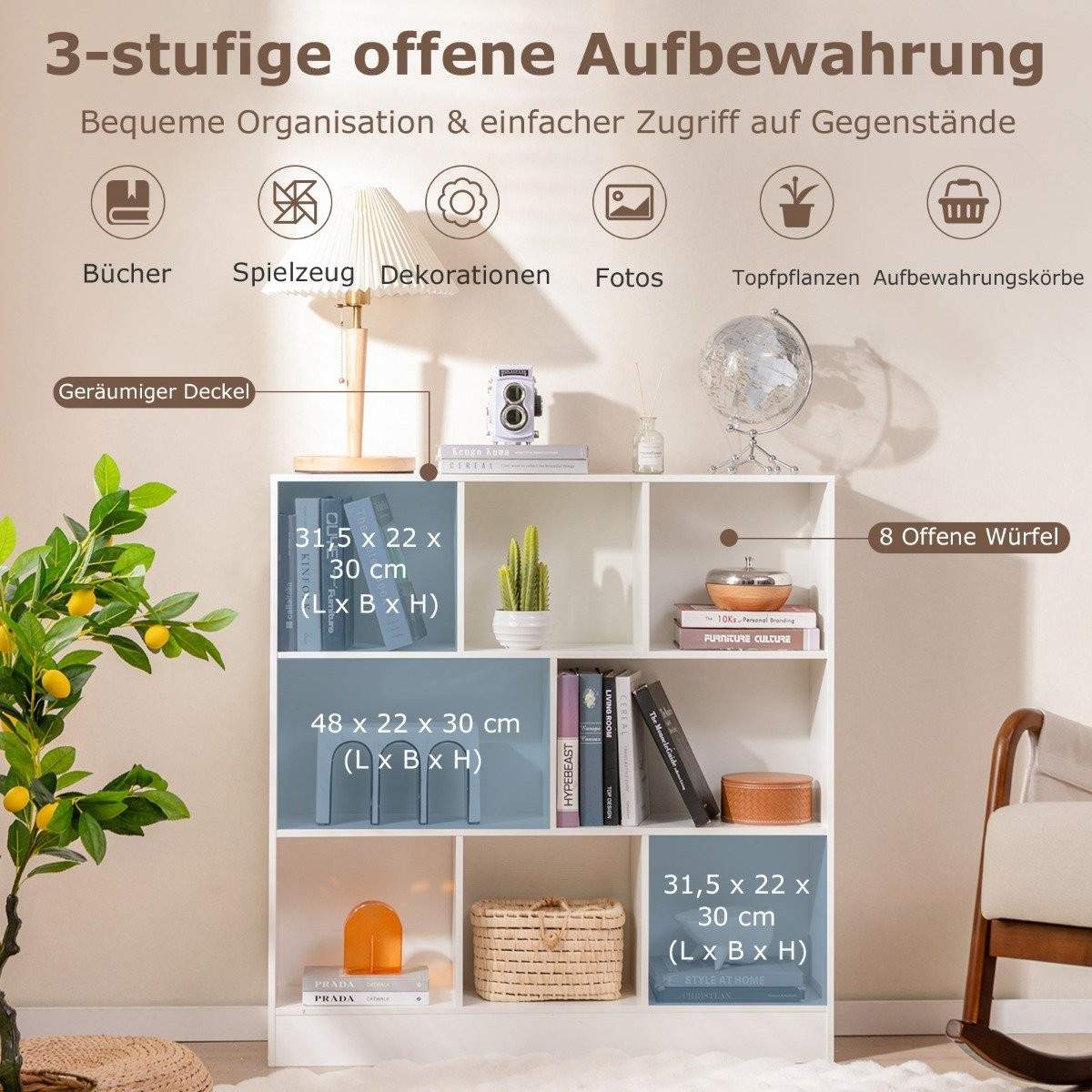 Bokhylla med 8 fack, stående hylla med 3 nivåer, kubhylla, kontorshylla, förvaringshylla, 100 x 24 x 104 cm, vit | Elektronik - Tillbehör Mobil & Surfplatta - Mobiltillbehör - Mobilkablar - Tillbehör | Pryloteket