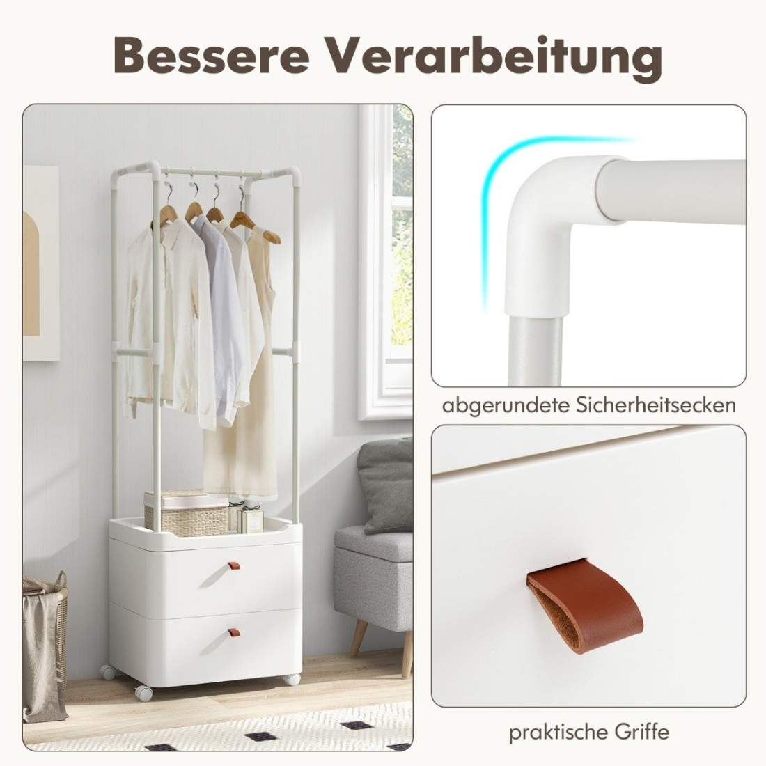 Klädställ med 2 lådor klädhängare med låsbara hjul 52 x 40 x 161 cm vit | Mode & Accessoarer - Accessoarer | Pryloteket