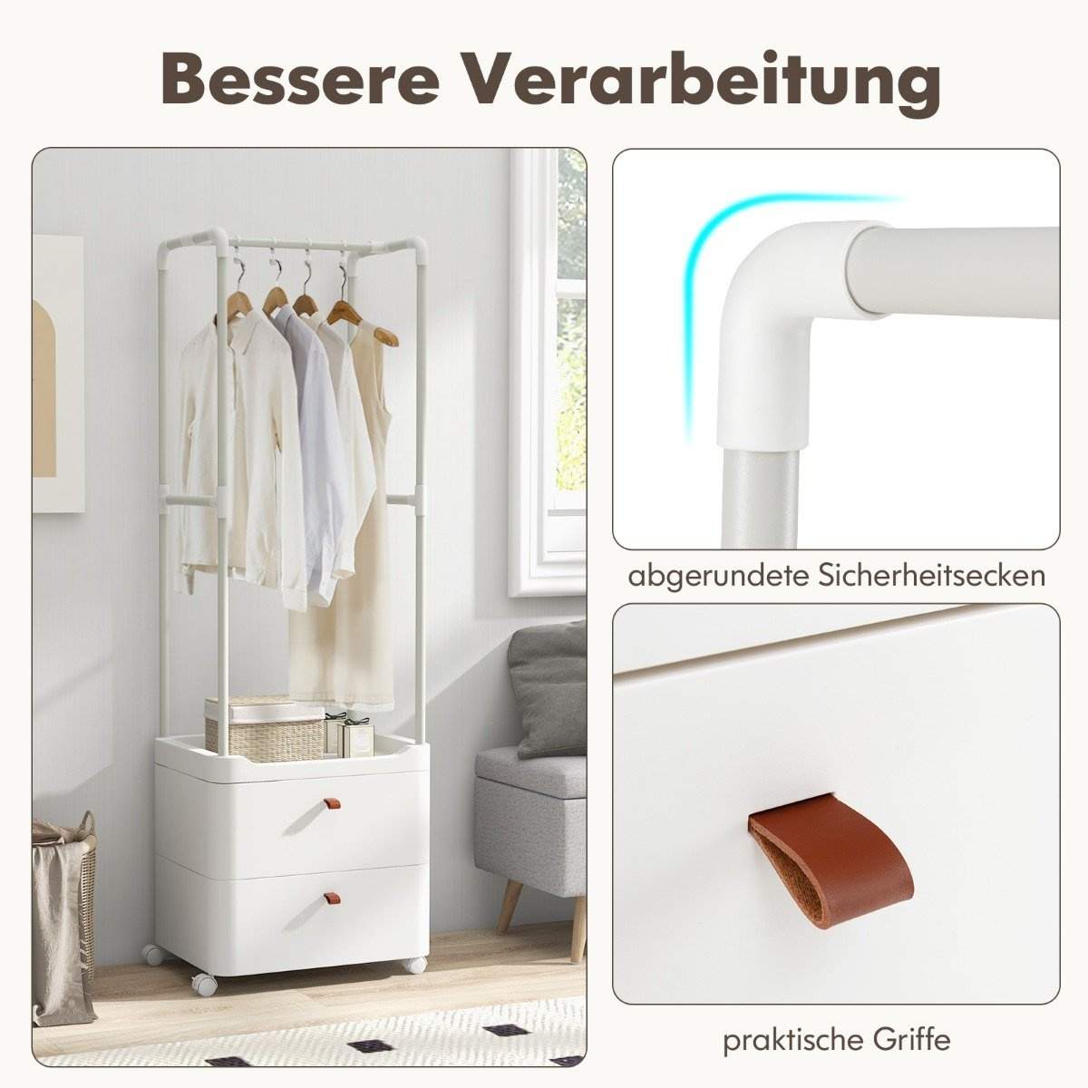 Tøjstativ med 2 skuffer knagerække med låsbare hjul 52 x 40 x 161 cm hvid