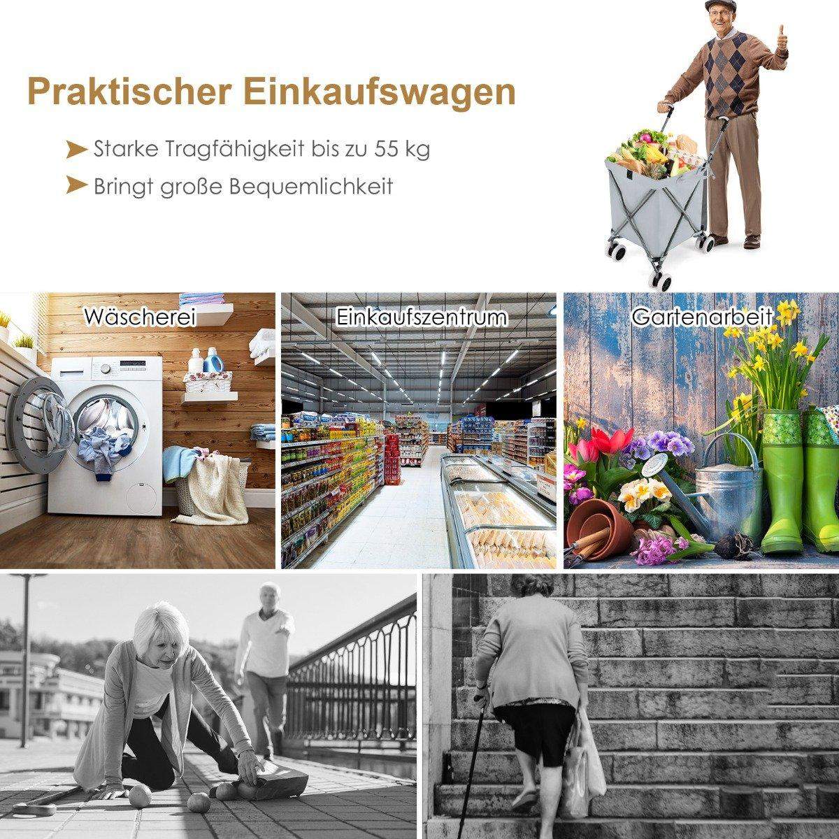 Sammenfoldelig indkøbsvogn med hjul Kapacitet 90L/55 kg Håndvogn med aftagelig Oxford-taske Grå
