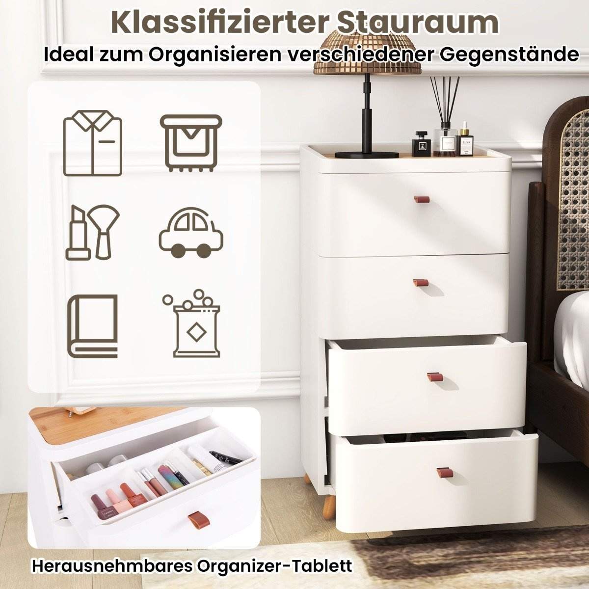 Natbord med 4 skuffer sengebord kommode med aftagelig opdelingsbakke hvid 42 x 32 x 81,5 cm