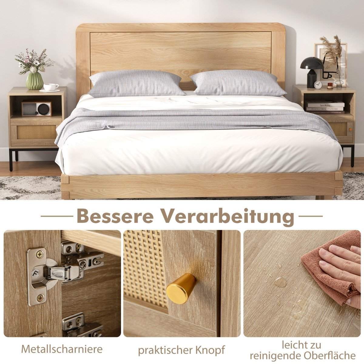 Natbord i rattan med åben hylde og skab 40 x 40 x 57 cm natur