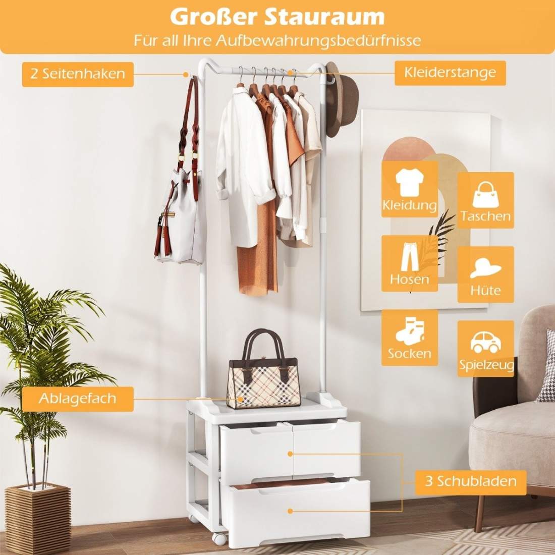 Klädställ med 3 lådor Rullande klädhängare med sidokrokar 46 x 38 x 157 cm | Mode & Accessoarer - Accessoarer | Pryloteket