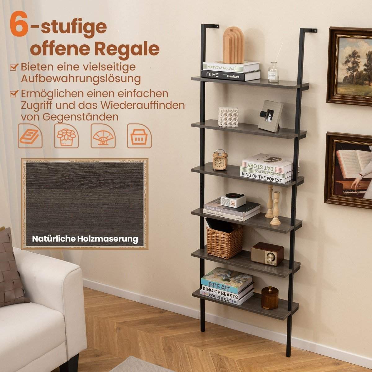 6 etagers stigehylde Vægmonteret reol med metalramme Rustik grå