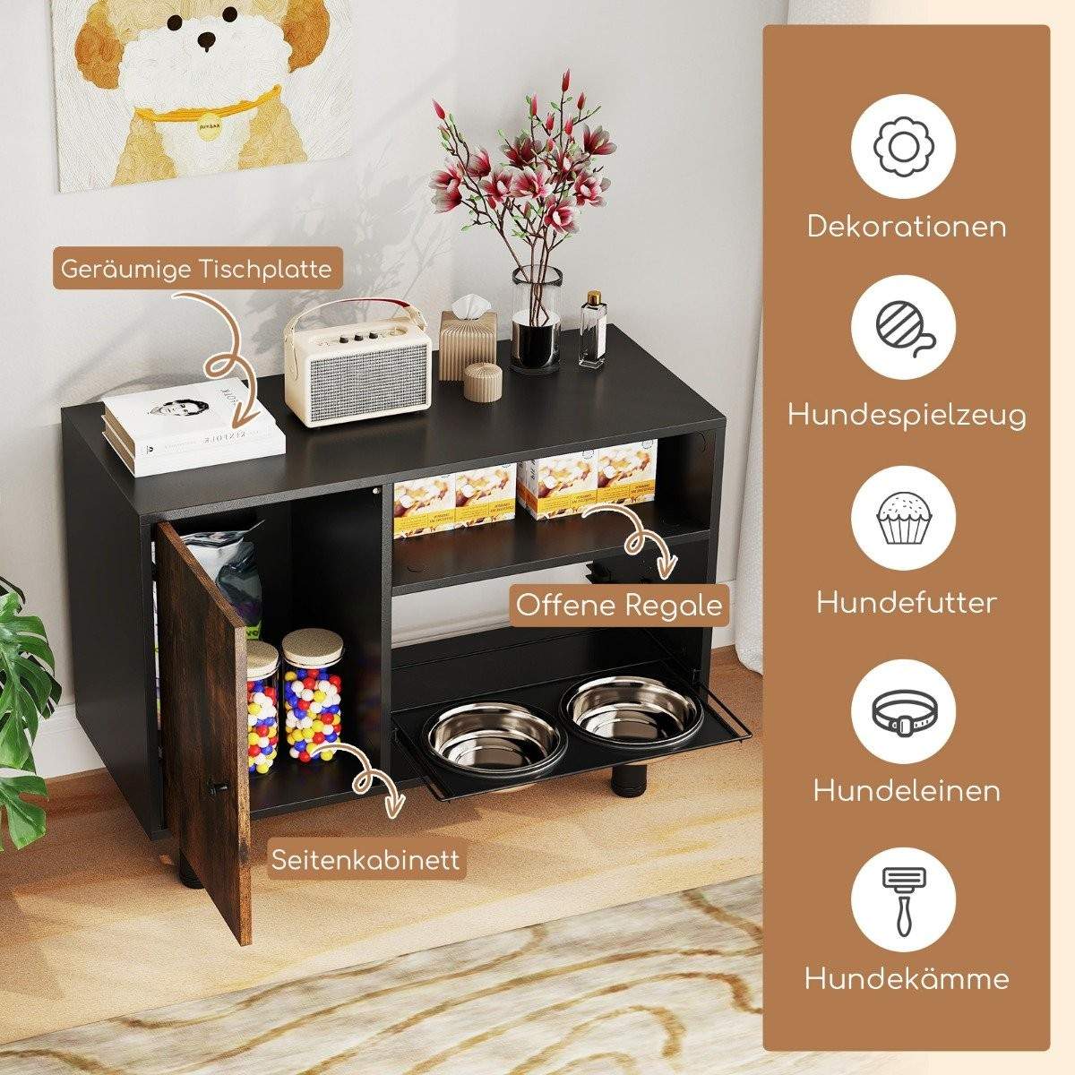 Lemmikkieläinten ruokintakaappi, jossa 2 ruostumattomasta teräksestä valmistettua kulhoa, jatkettava ja korkeussäädettävä ruokin