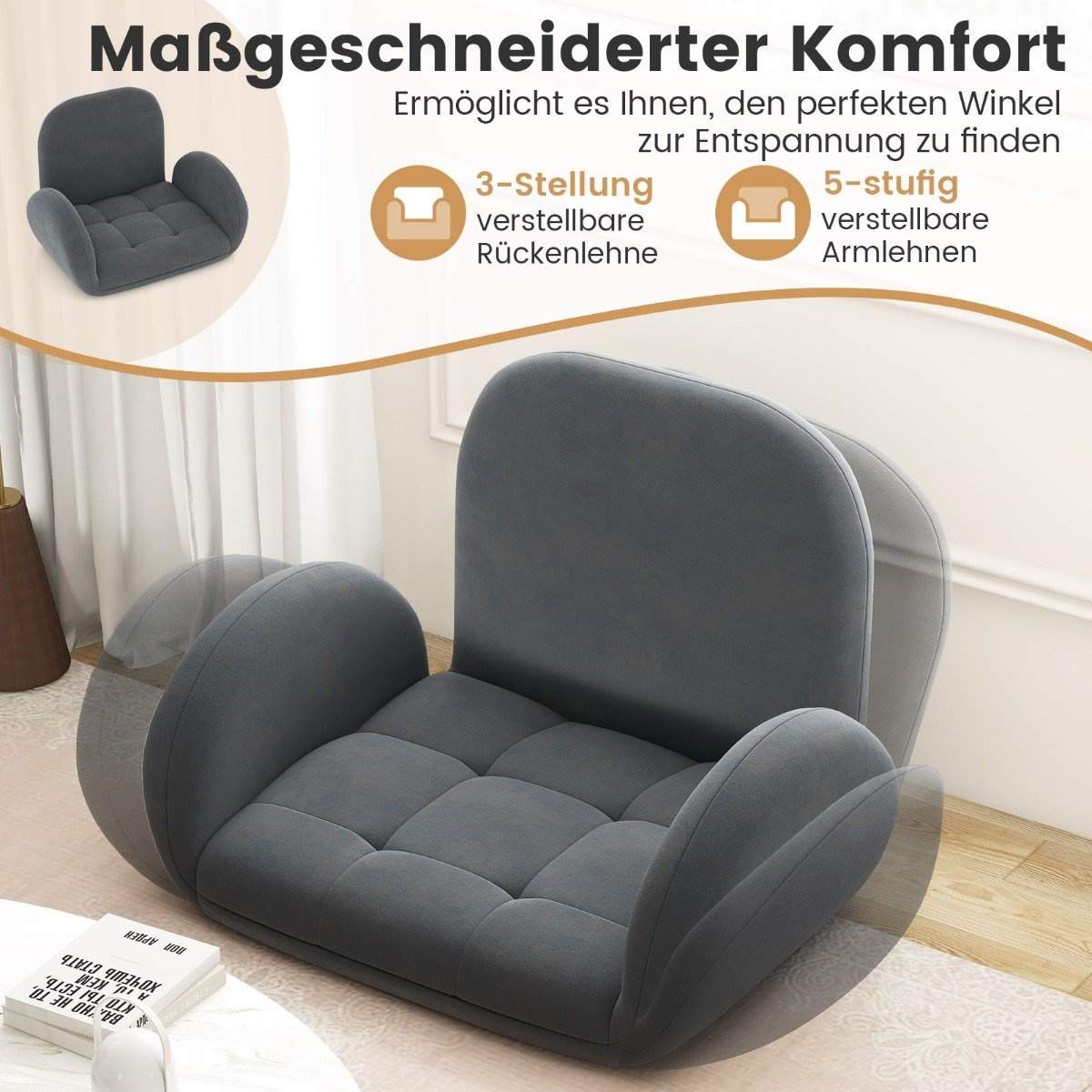 Golvstol med justerbart ryggstöd & armstöd Bondensofa fällbar stol grå | Elektronik - Kablar & Adaptrar - Adaptrar & Signalomvandlare - Video | Pryloteket
