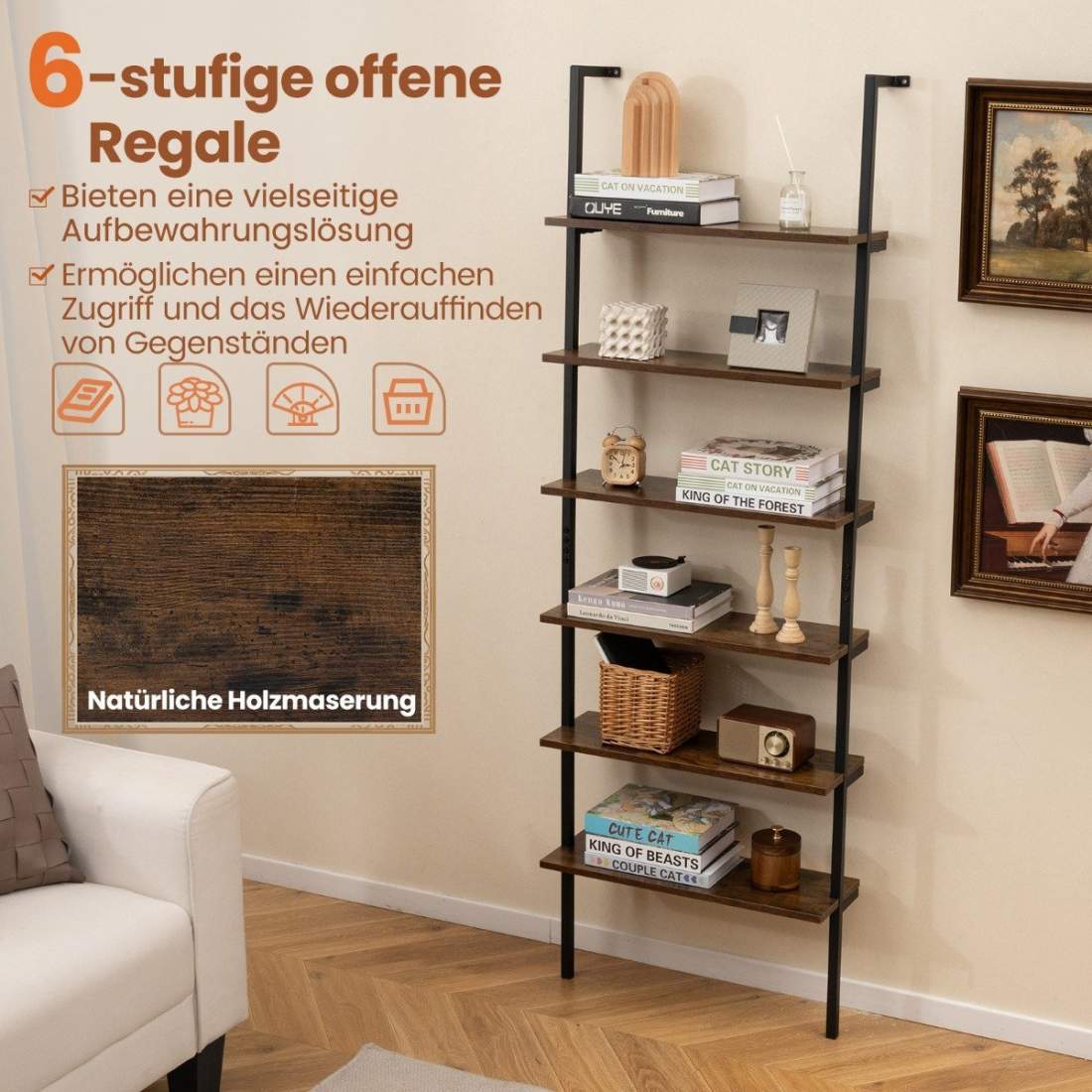 6-vånings stege Hylla Väggmonterad bokhylla med metallram Rustik Brun | Hem & Hobby - Hem & Hushåll - Balkong | Pryloteket