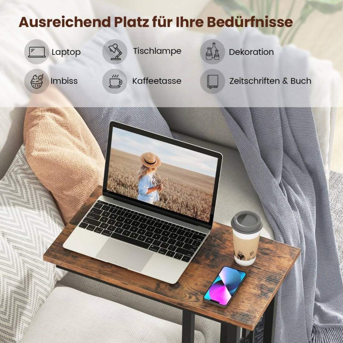 C-format sidobord kompakt soffbord för små utrymmen soffbord med metallram 48 x 26 x 66 cm | Hem & Hobby - Hem & Hushåll - Sovrum | Pryloteket