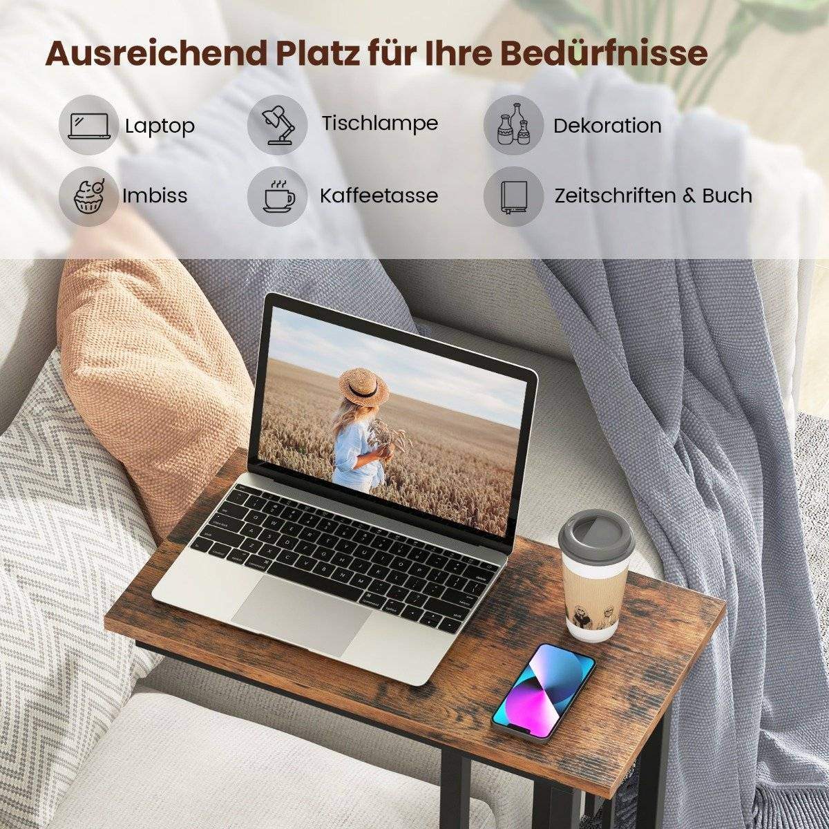 C-formet sidebord kompakt sofabord til små rum sofabord med metalstel 48 x 26 x 66 cm