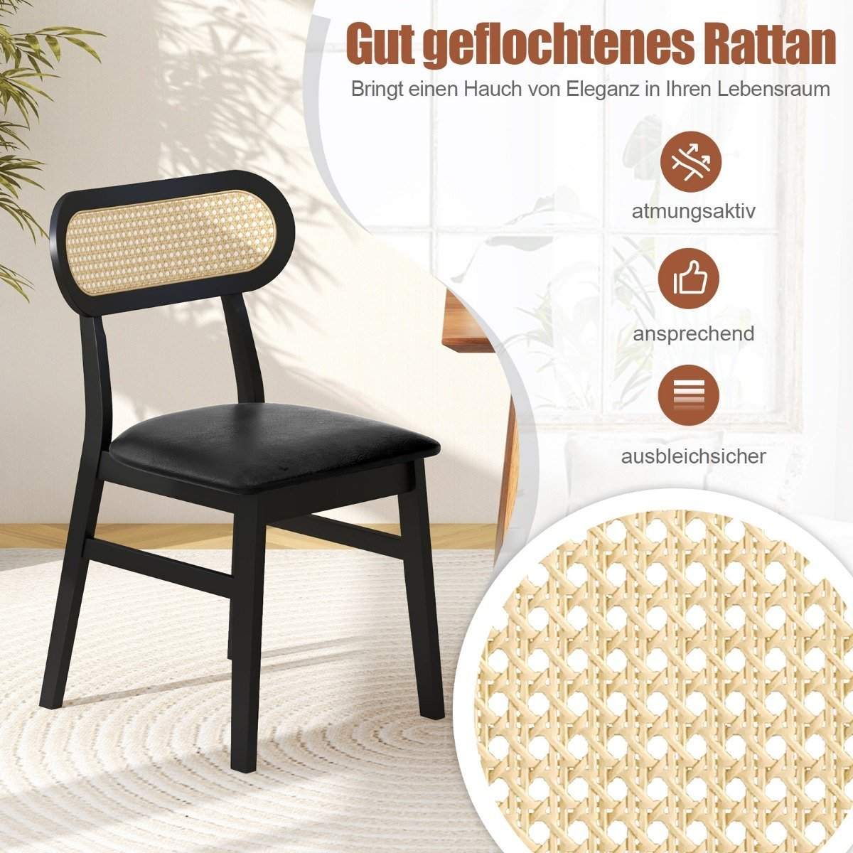 Sæt med 2 spisestuestole i træ med sort polstret sæde