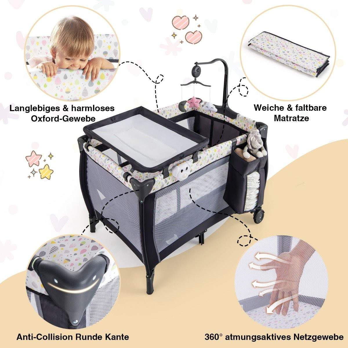 3 i 1 sammenfoldelig sideseng rejseseng med madras hængende legetøjsmusikdåse farverig