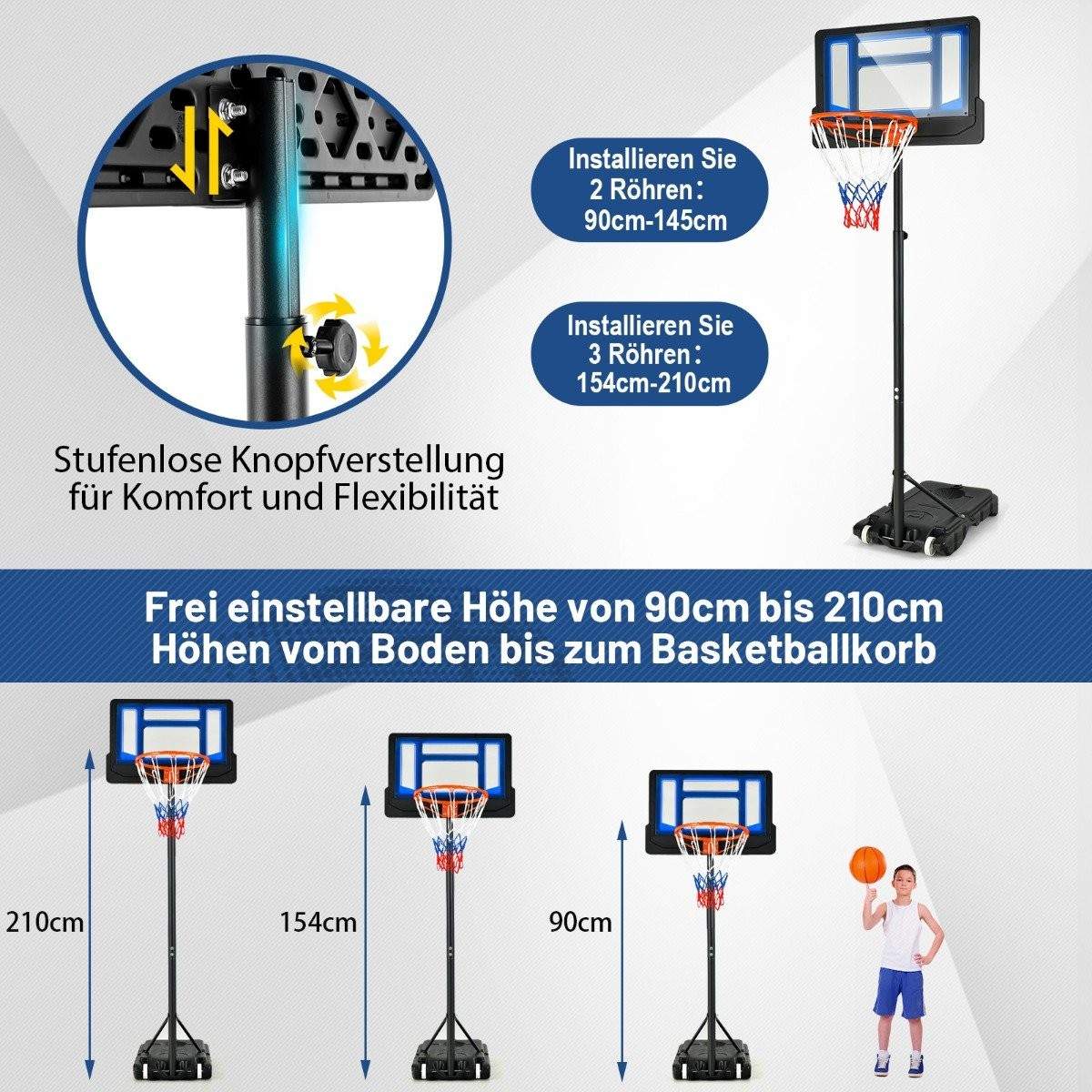 Basketballstativ 90/158-210 cm højdejusterbar basketballkurv med stativ vejrbestandigt indendørs udendørs blå
