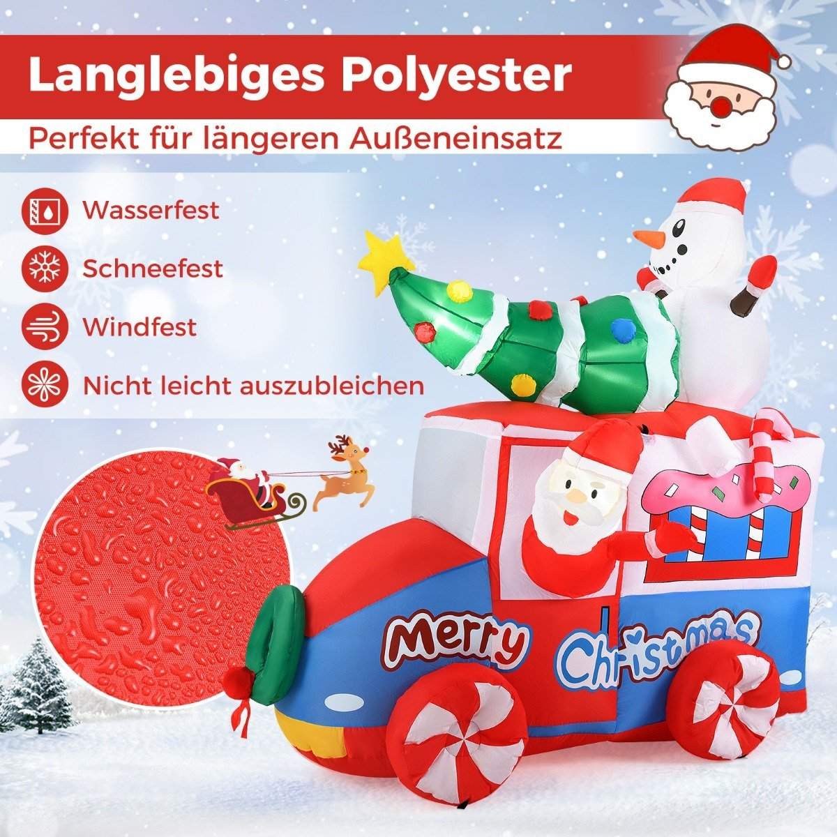 177cm oppustelig julepynt LED julemand i bil juledekoration med snemand
