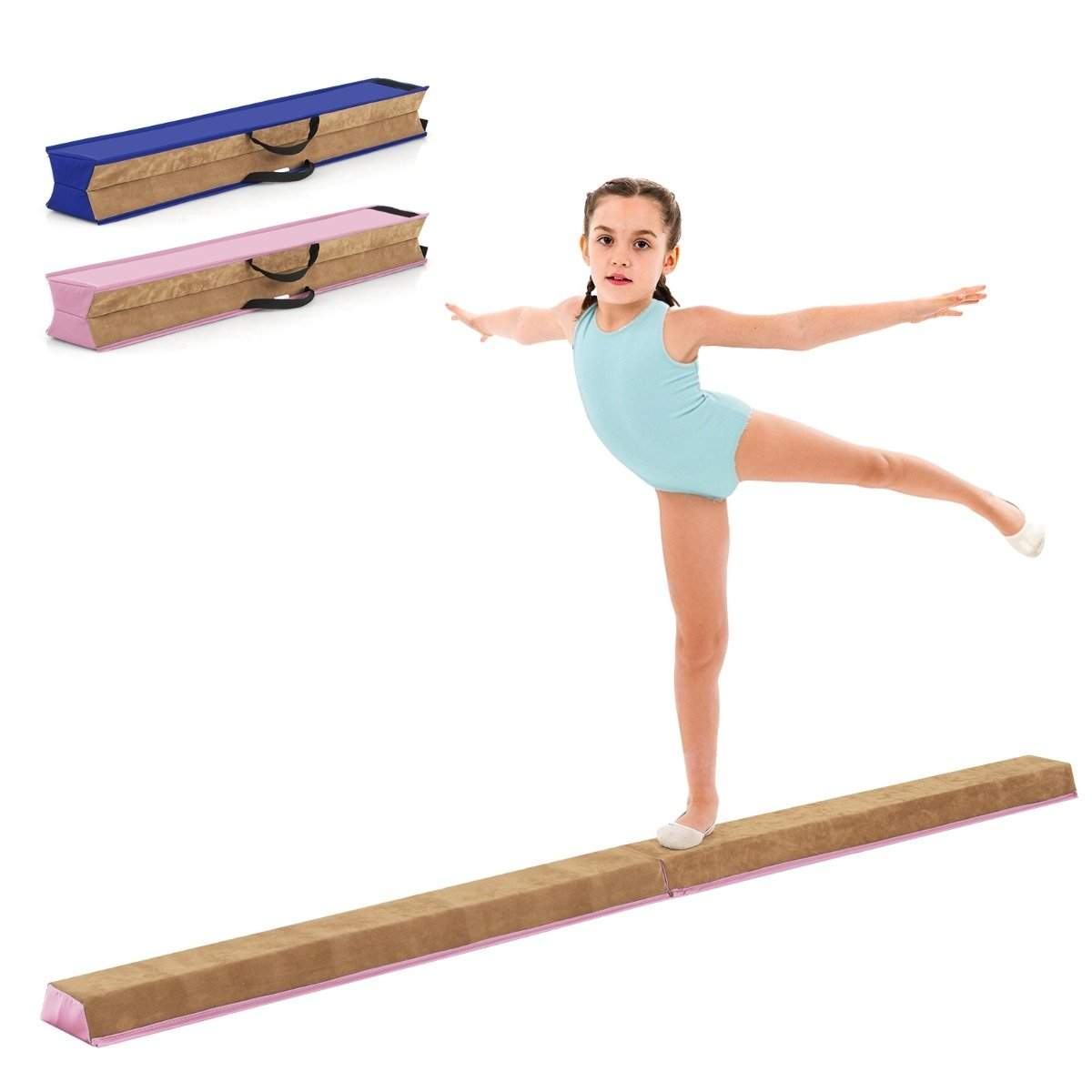 240 cm børnebalance med bærehåndtag & Ruskindsbetræk folde balancestang pink