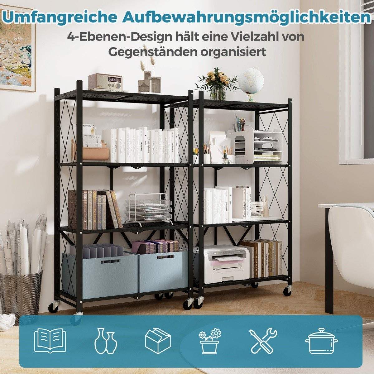 Kraftig hopfällbar hylla, 4 nivåer, ståhylla med låsbara hjul, svart, 71 x 34 x 126 cm | Elektronik - Tillbehör Mobil & Surfplatta - Mobiltillbehör - Mobilkablar - Tillbehör | Pryloteket
