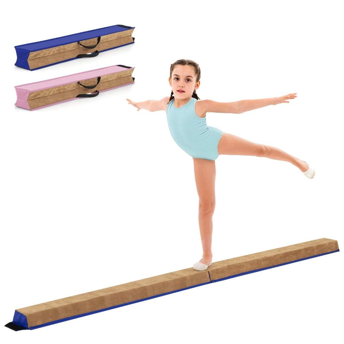 240 cm børnebalance med bærehåndtag & Ruskindsdæksel folde balancestråle blå
