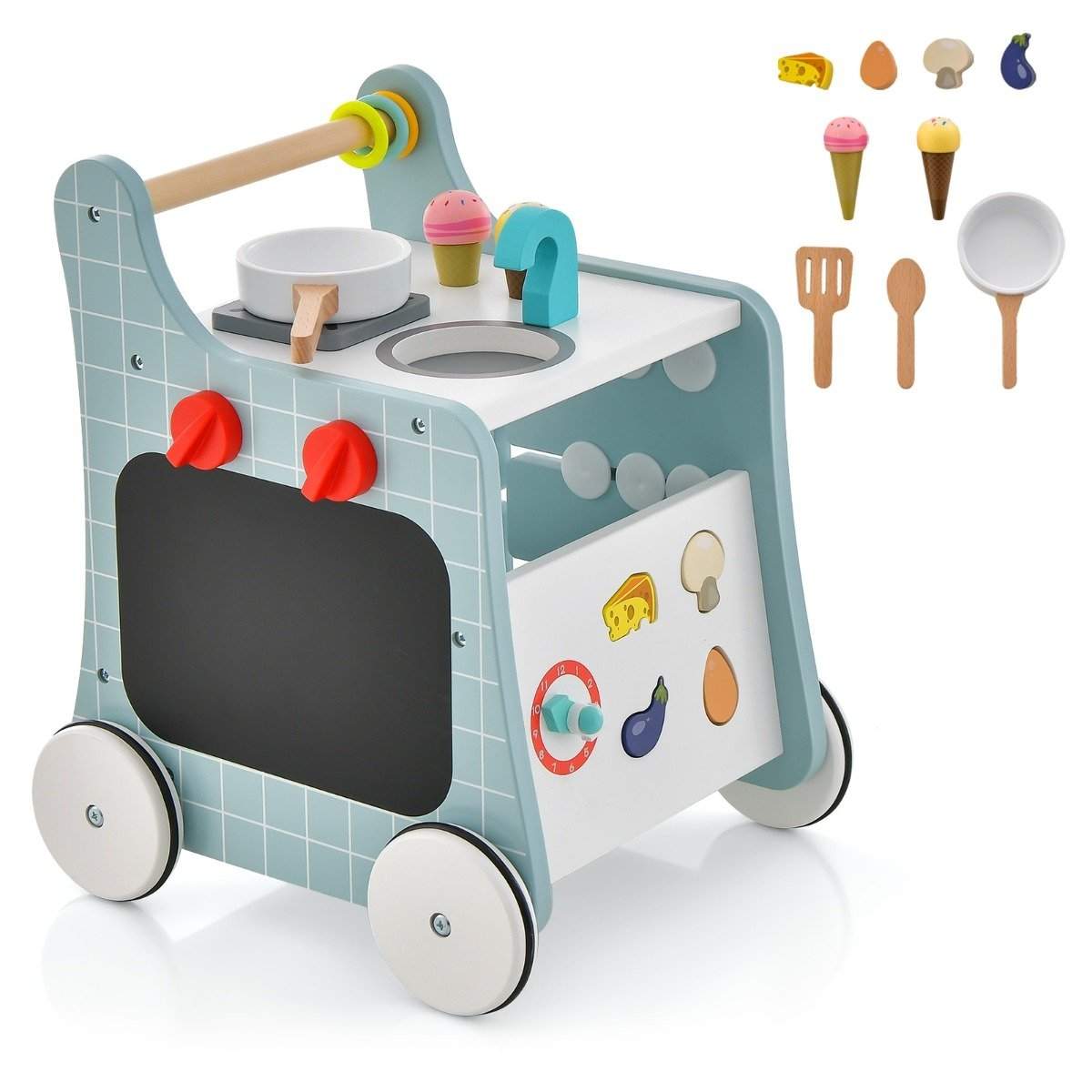 6 i 1 baby rollator i træ med legekøkken & læringsur & formjustering & rollator blå