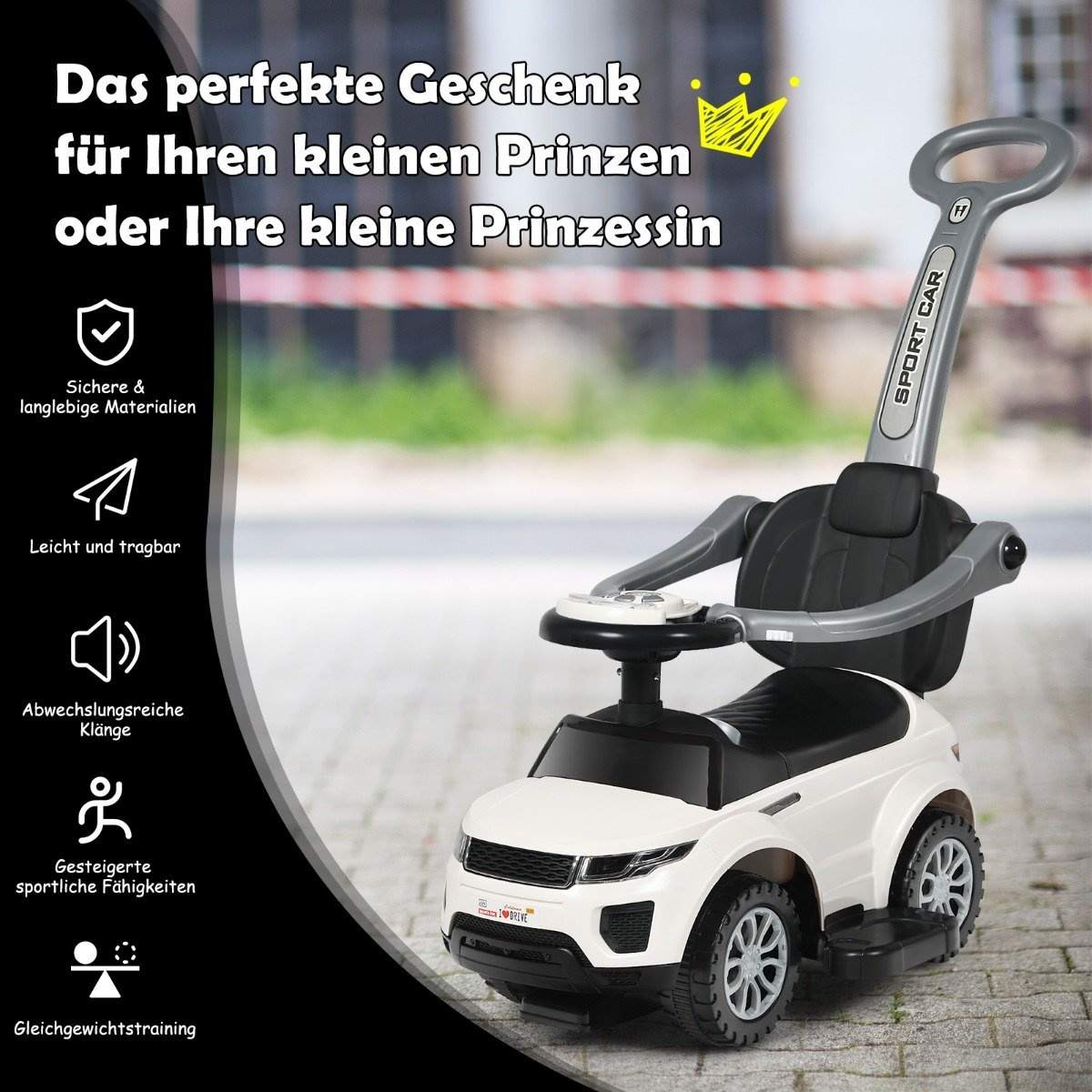 3 i 1 push car push car ride-on køretøj med aftageligt skubbehåndtag og beskyttende stang hvid