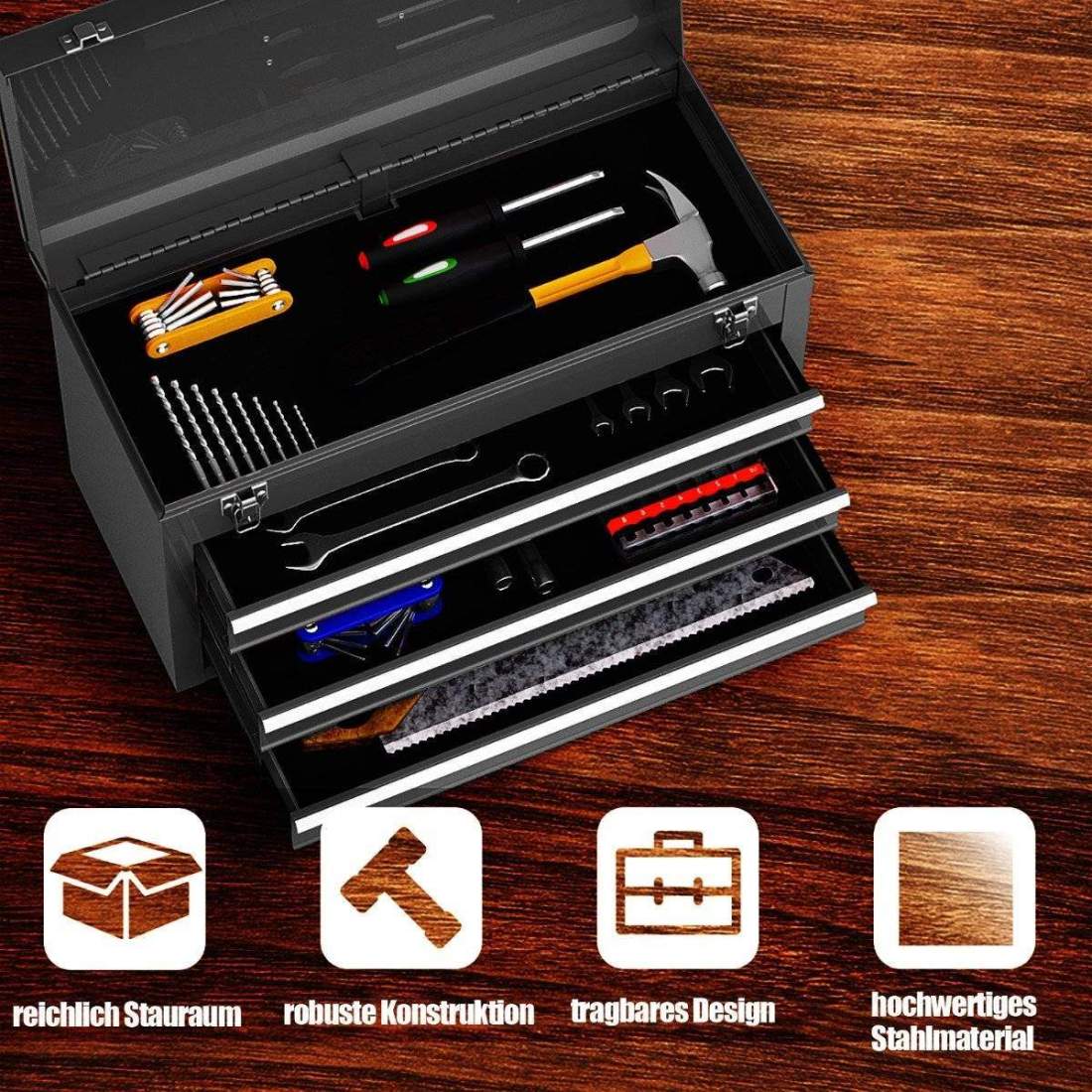 Verktygslåda i metall med 3 lådor & övre fack verktygslåda 52 x 21 x 30 cm svart | Hem & Hobby - Hem & Hushåll - Bygg | Pryloteket