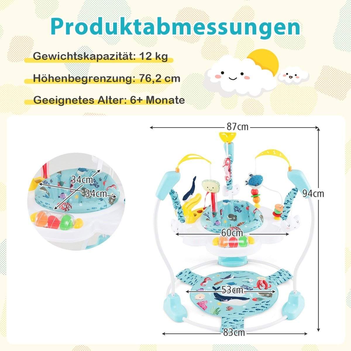 Baby Sky Jumperoo med justerbare højder & legetøj & spilleboks rollator lyseblå