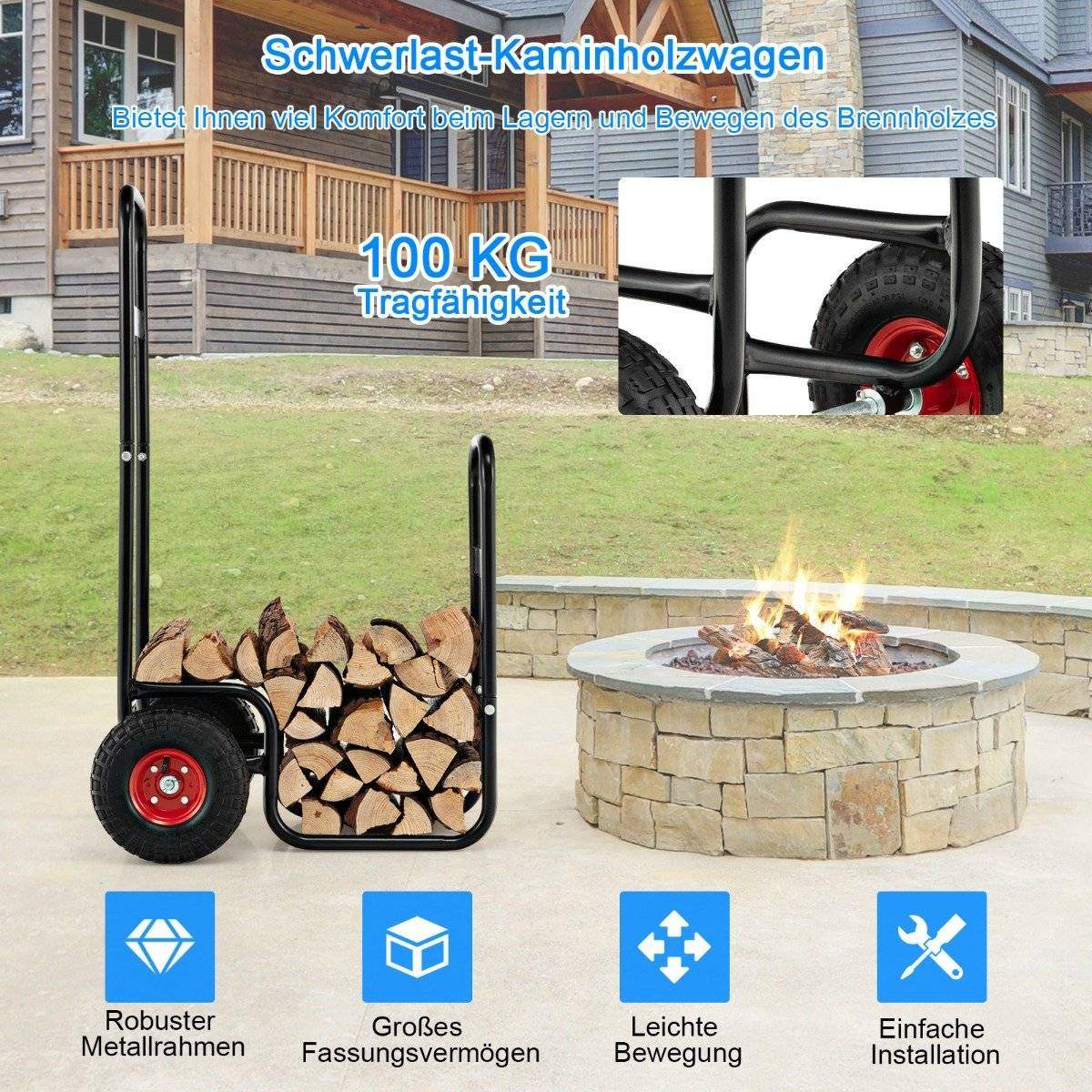 Metal brændevogn med hjul op til 100 kg brændevogn trævogn brændevogn