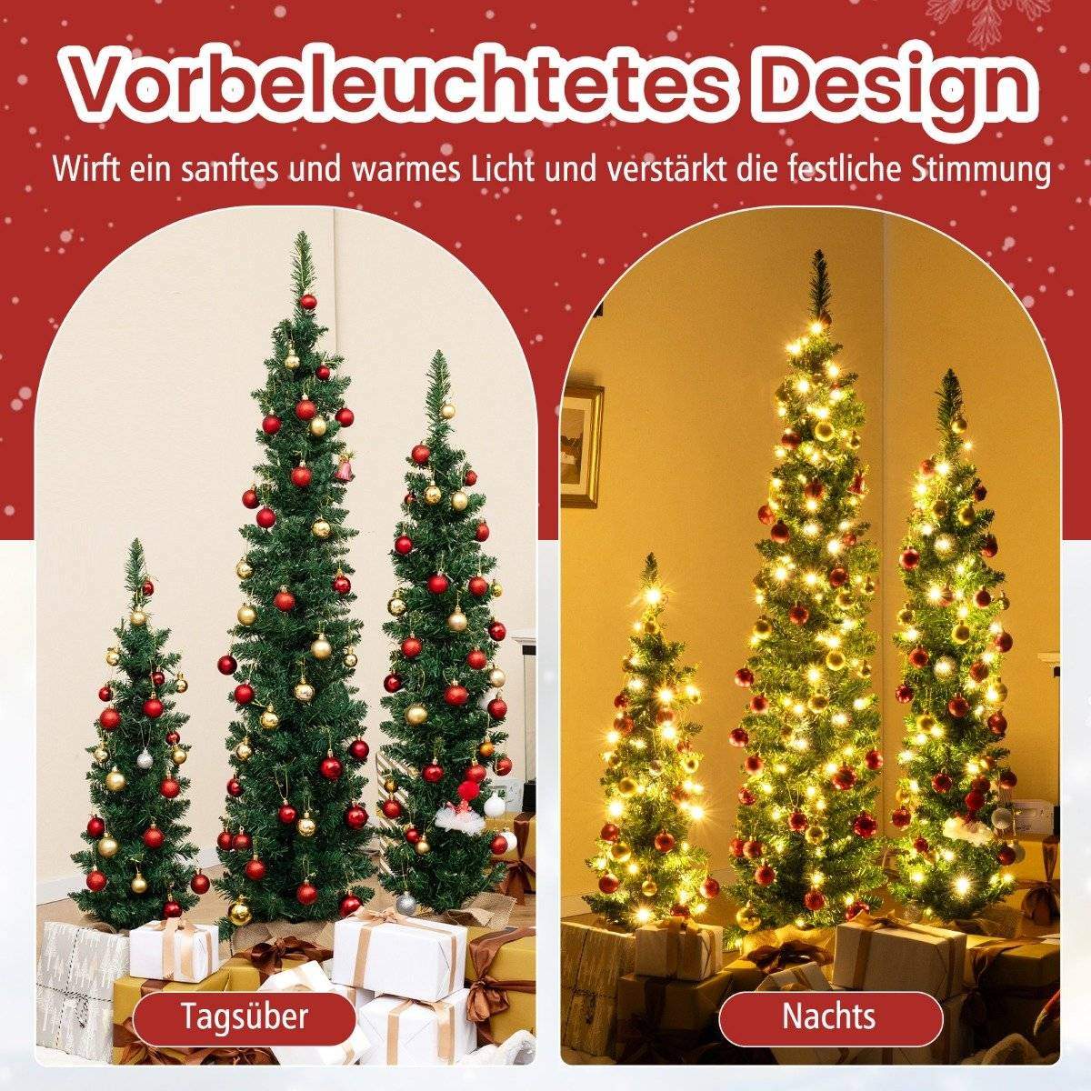 Kunstigt juletræ sæt af 3 blyant juletræ med lysende grøn