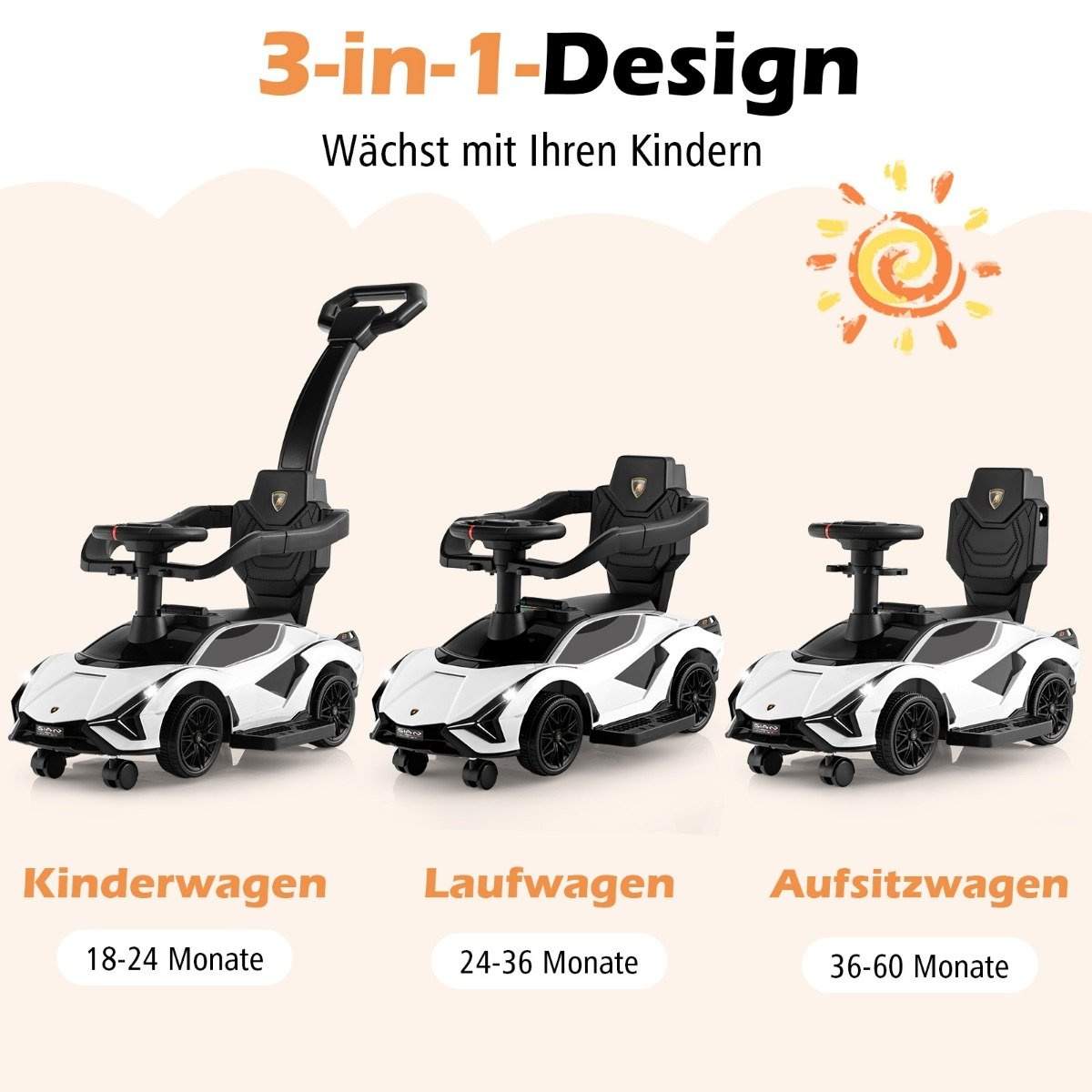 3-i-1 Lamborghini ride-on bil push bil med forlygter & Musik & Hvid opbevaringsplads