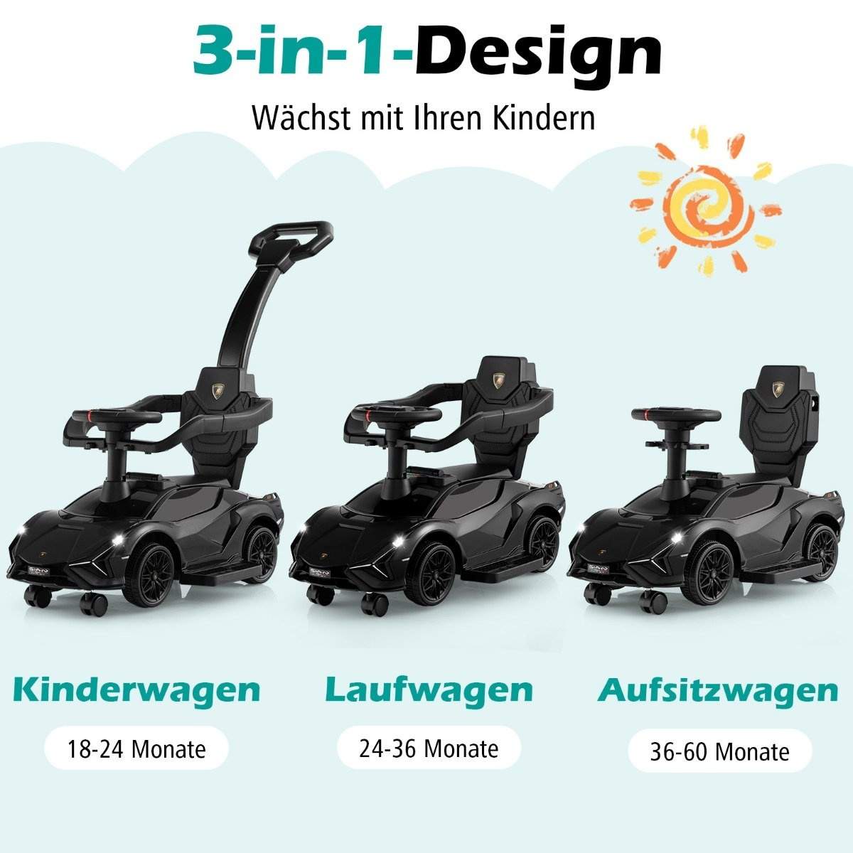 3-i-1 Lamborghini ride-on bil push bil med forlygter & Musik & Sort opbevaringsplads