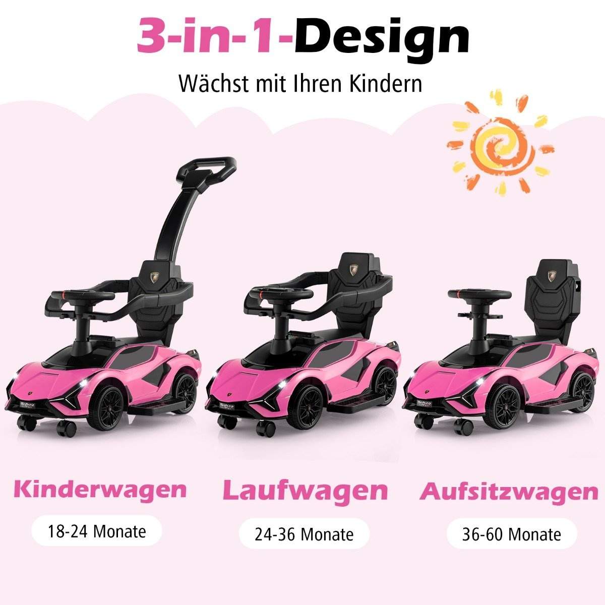 3-i-1 Lamborghini ride-on bil push bil med forlygter & Musik & Pink opbevaringsplads