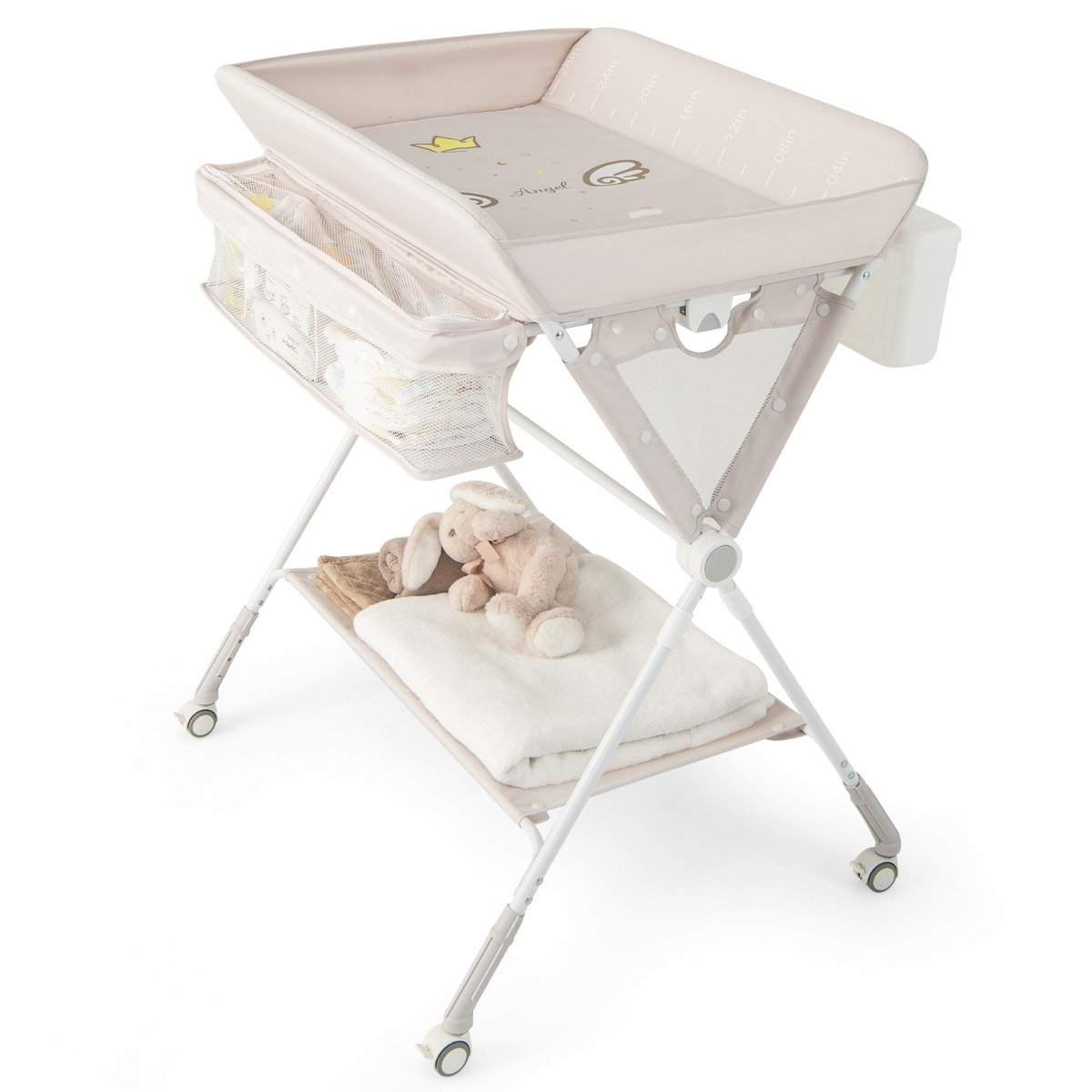 3 i 1 sammenklappeligt puslebord med hjul & Skraldespand Mobil Puslebord Pusleplads Beige