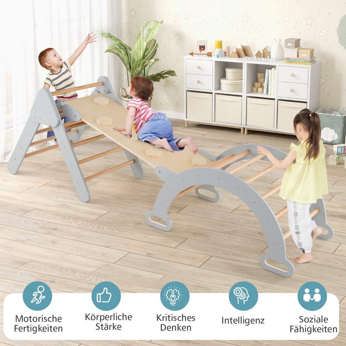 Klatretrekant med rutsjebane, klatrebue inkl. dobbeltsidet rampe, grå