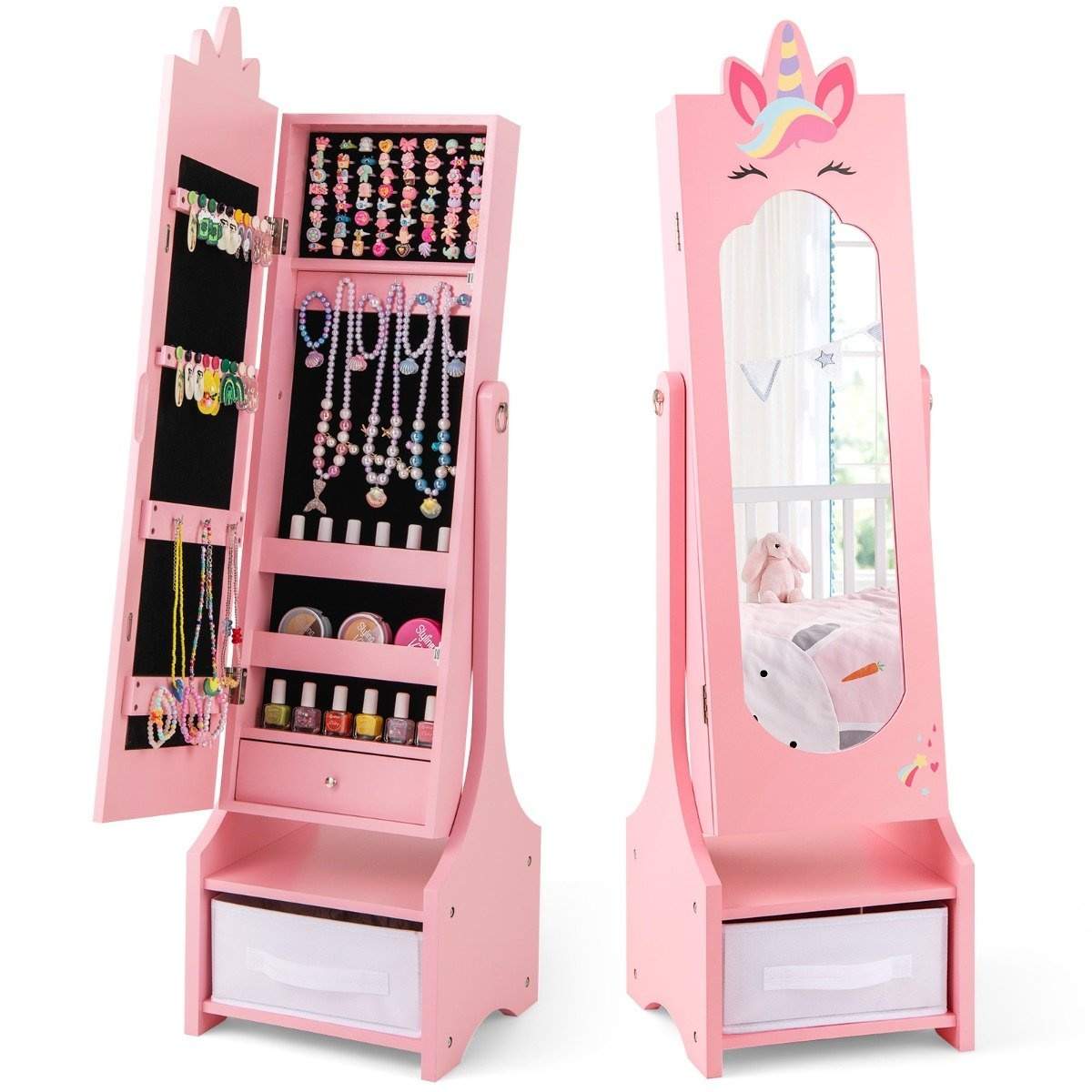 2 i 1 smykkeskab til børn med fuldlængde spejl & Skuffe spejl skab makeup spejl pink