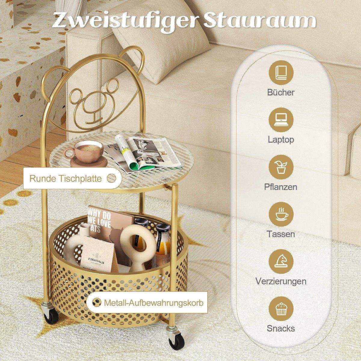 Glas sidebord med hjul 2-delt glasbord rundt med bjørnemønster hvid