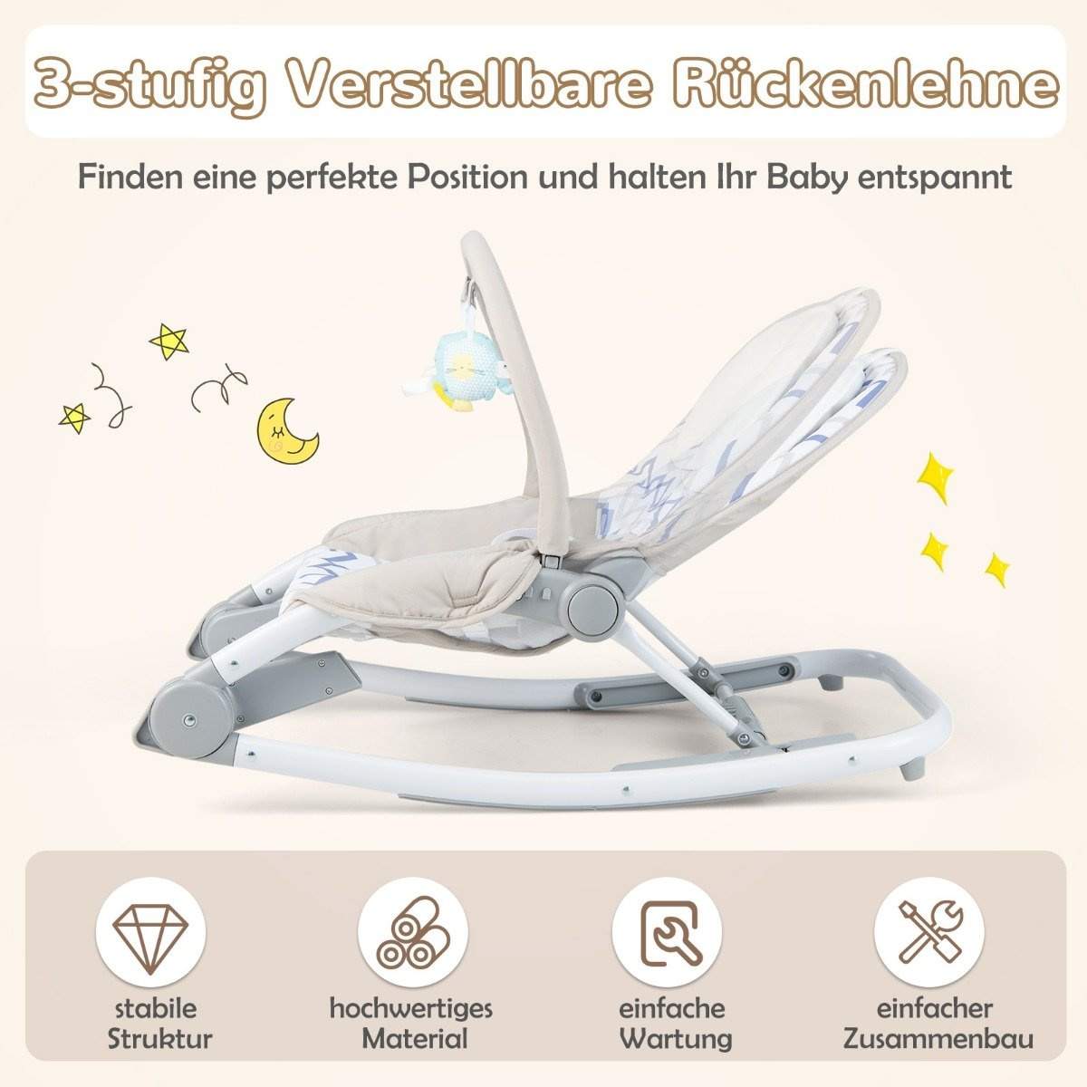 2 i 1 baby rocker foldbar bærbar babygynge med 3-trins justerbart ryglæn grå