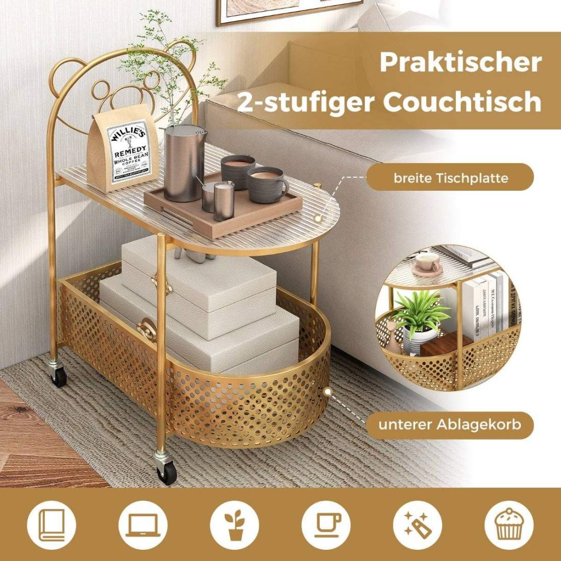 Sidobord i glas med hjul 2-vånings glasbord med björnmönster 60 x 40 x 76 cm Gyllene | Hem & Hobby - Hem & Hushåll - Sovrum | Pryloteket