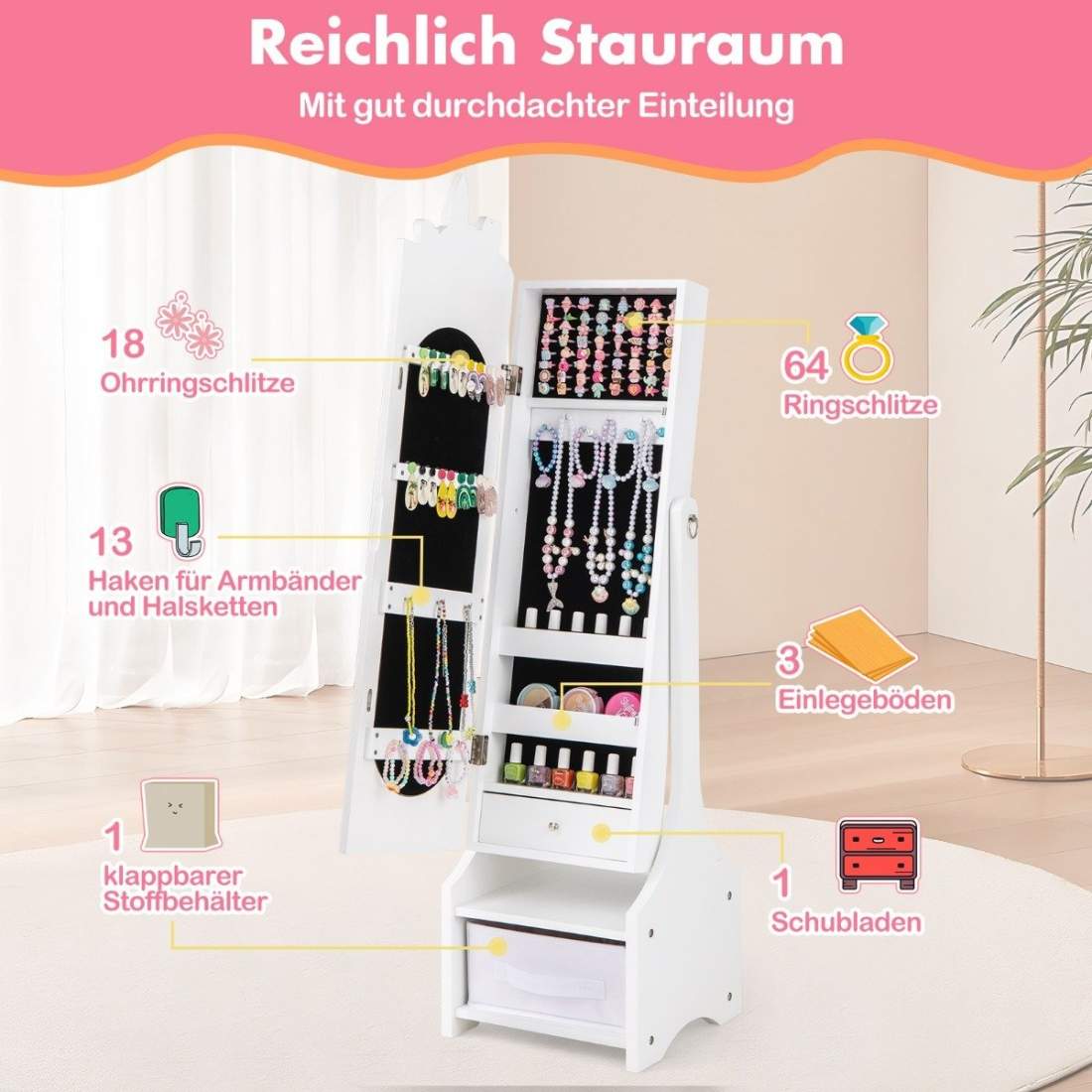 Smyckesskåp för barn 2 i 1 fällbart spegelskåp med helspegel vit | Mode & Accessoarer - Smycken, Smyckesset & Tillbehör - Halsband | Pryloteket