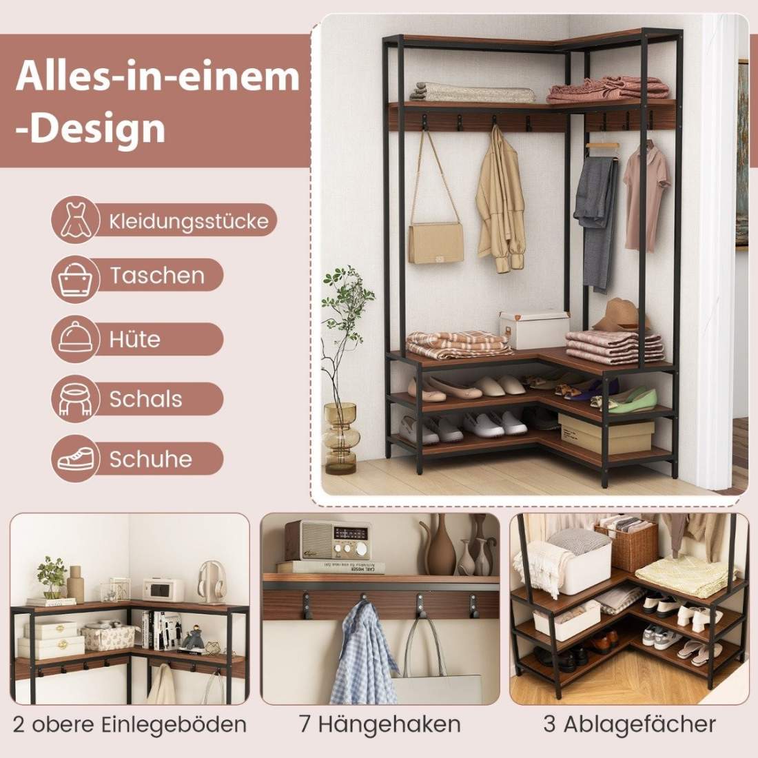 Hörnklädhängare med bänk L-formad klädhängare med öppna hyllor 90 x 90 x 178 cm valnöt | Hem & Hobby - Hem & Hushåll - Sovrum | Pryloteket