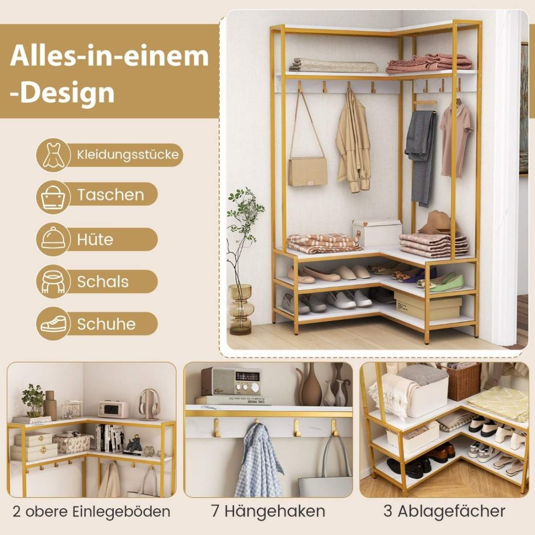 Hörnklädhängare med bänk L-formad klädhängare med öppna hyllor 90 x 90 x 178 cm vit | Hem & Hobby - Hem & Hushåll - Sovrum | Pryloteket