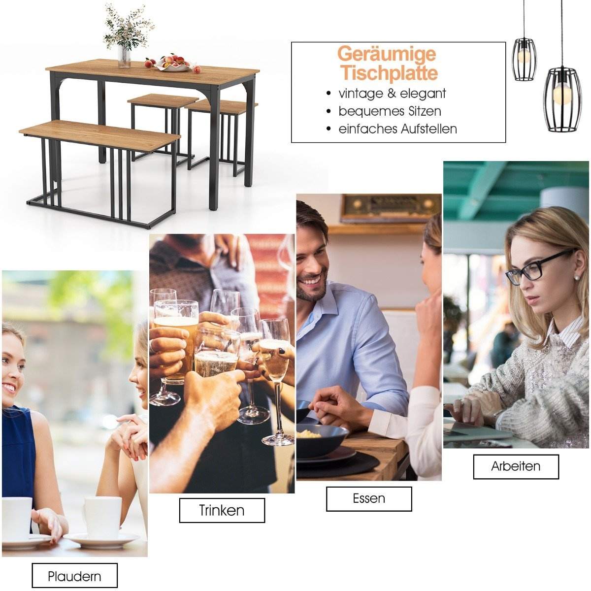 Spisebord med bænk & 2 taburetter sæt af 4 køkkenbord industriel spisegruppe til køkken 120 x 60 x 75 cm natur