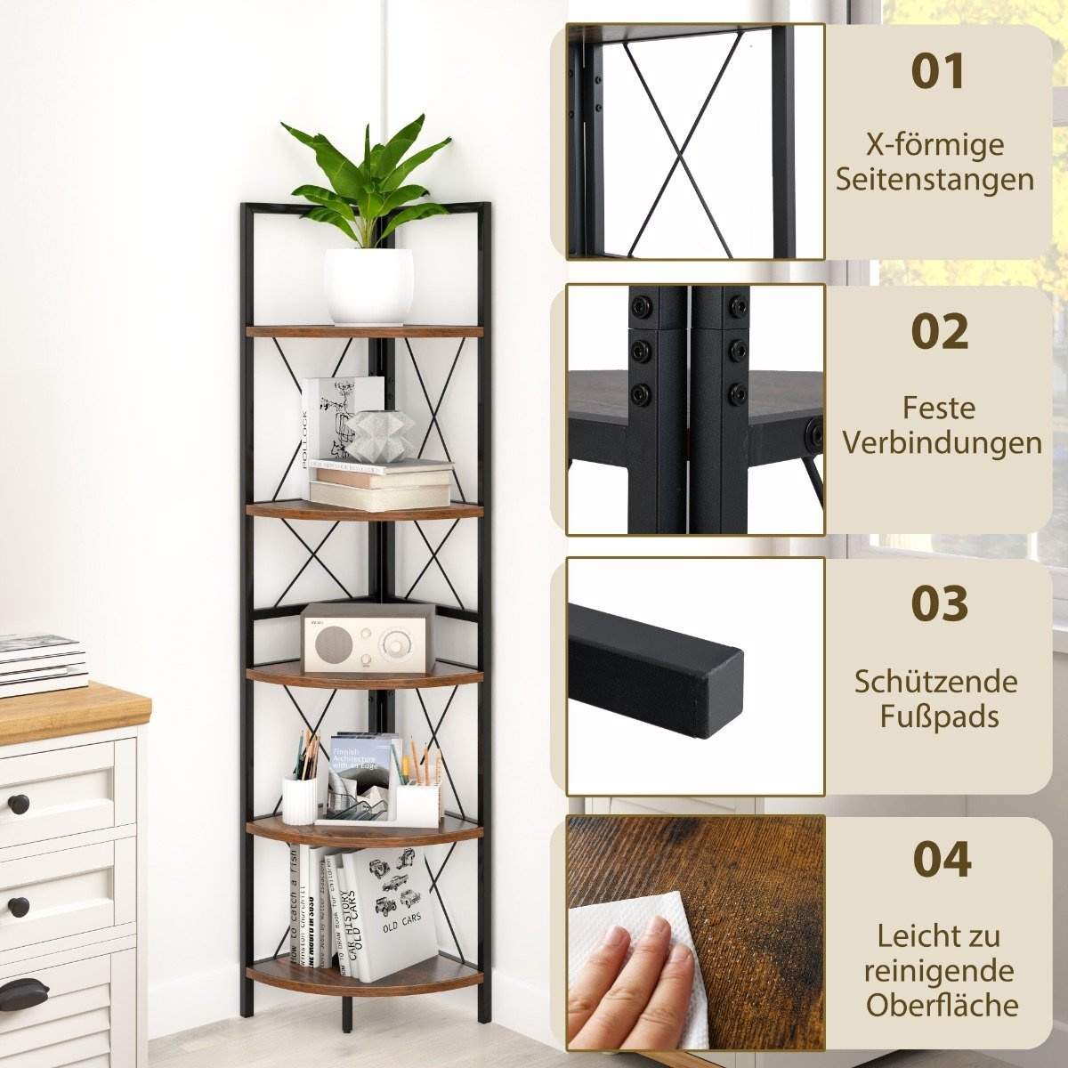 Hjørnehylde med 5 niveauer 160 cm høj bogreol stående træhylde med metalramme vintage