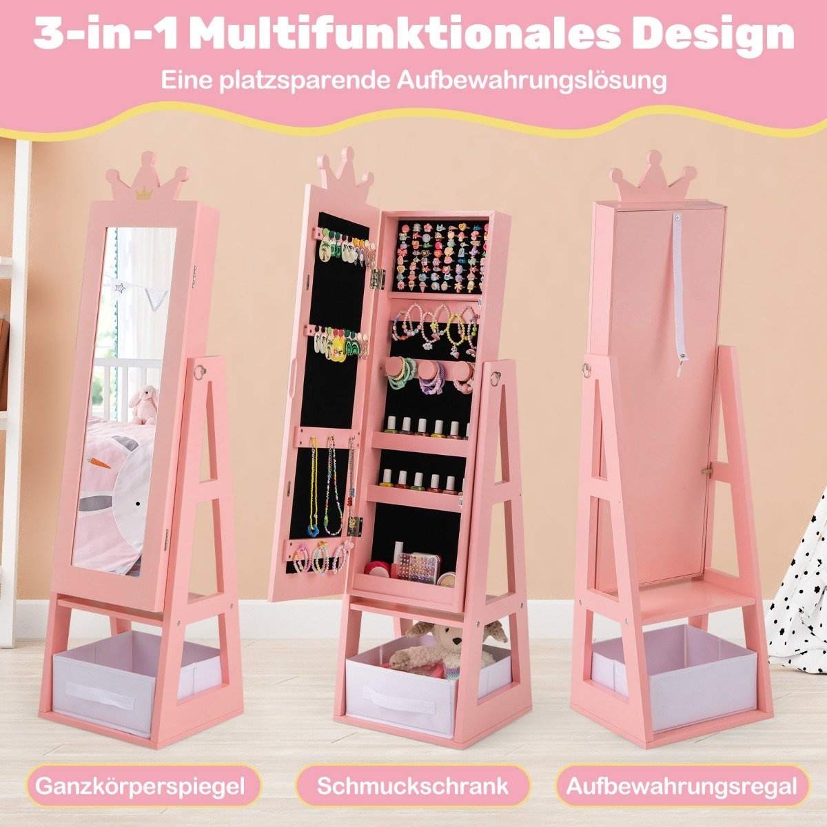 Smyckesskåp för barn 3 i 1 vippbart spegelskåp med helfigursspegel rosa | Elektronik - Tillbehör Mobil & Surfplatta - Mobiltillbehör - Mobilkablar - Tillbehör | Pryloteket