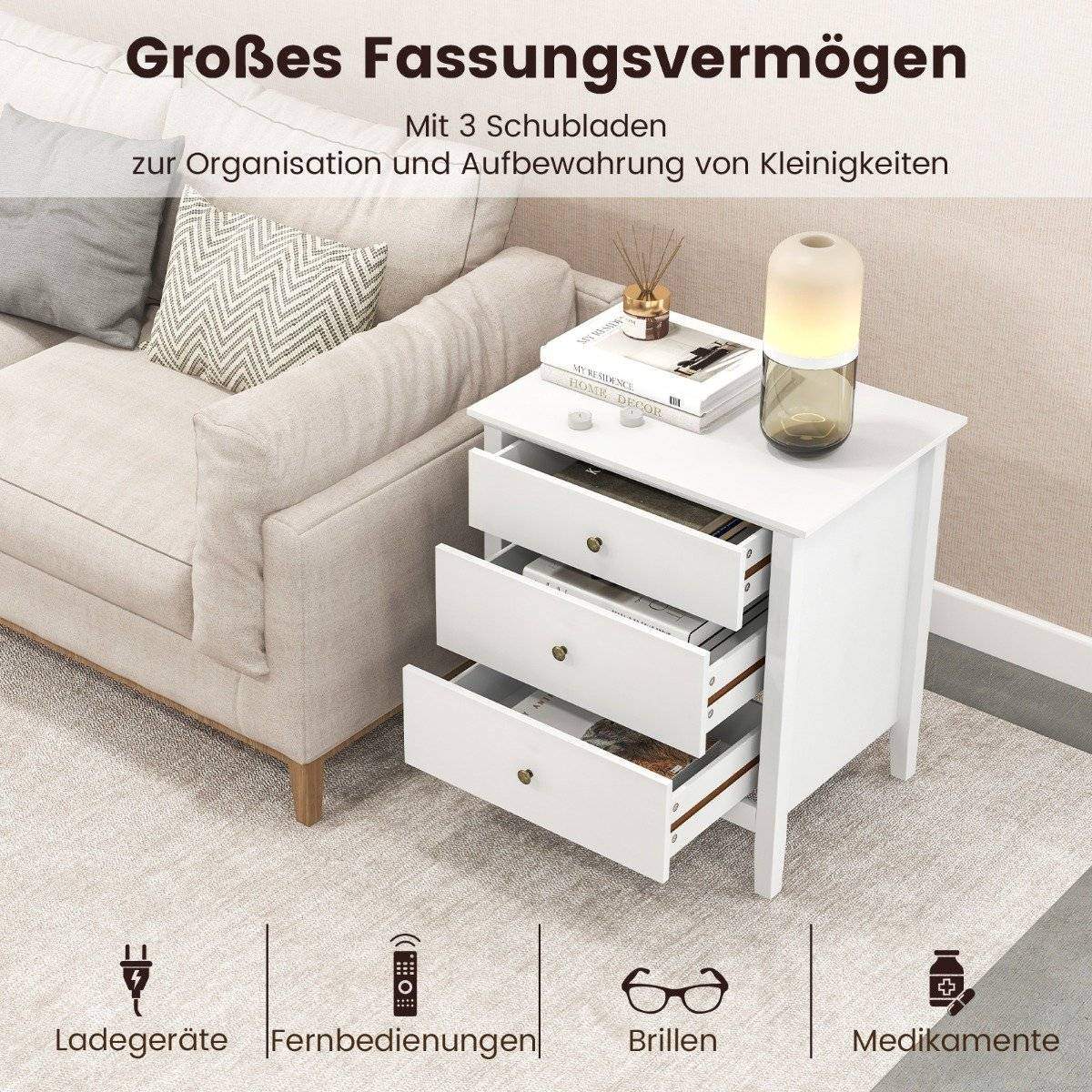 Sengebord med 3 skuffer natbord til boxmadrasser 56 x 45 x 66 cm hvid