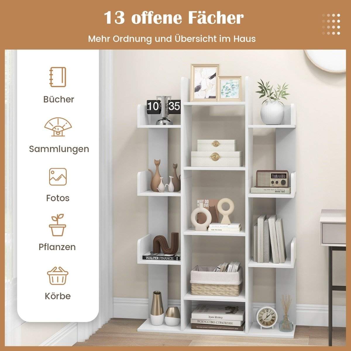 Puun muotoinen kirjahylly, jossa 13 avointa lokeroa 86 x 24,5 x 141 cm valkoinen