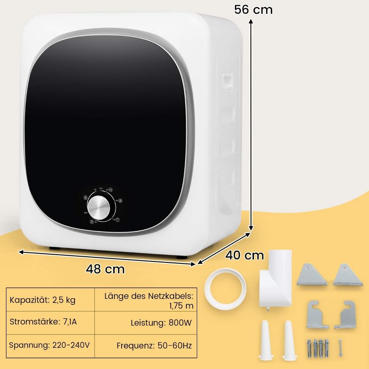 Mini tørretumbler 2.5KG med 5 programmer op til 69℃ udstødningstørrer 800W