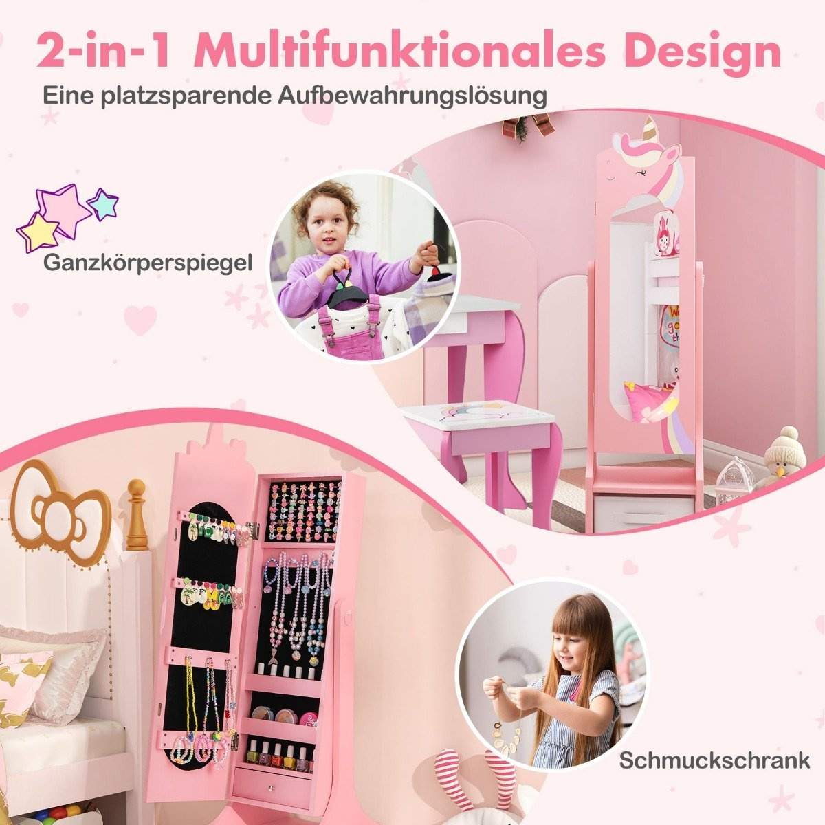 Børns smykkeskab 2 i 1 vippespejlskab med fuldlængde spejl pink