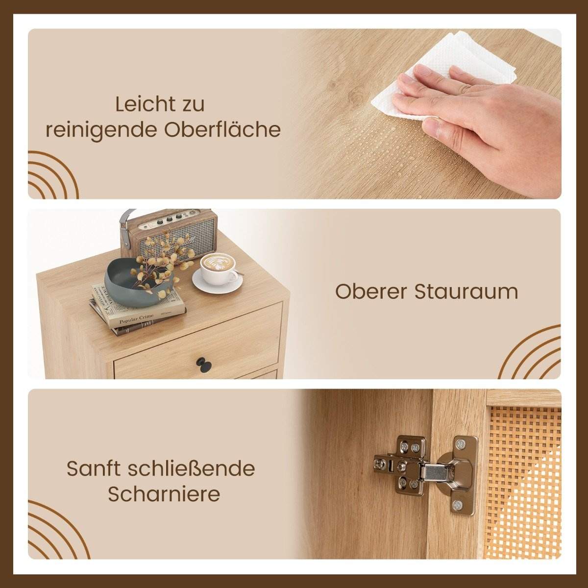 Sengebord rattan med låge & skuffe Boho sidebord med justerbar hylde 40 x 30 x 91 cm natur